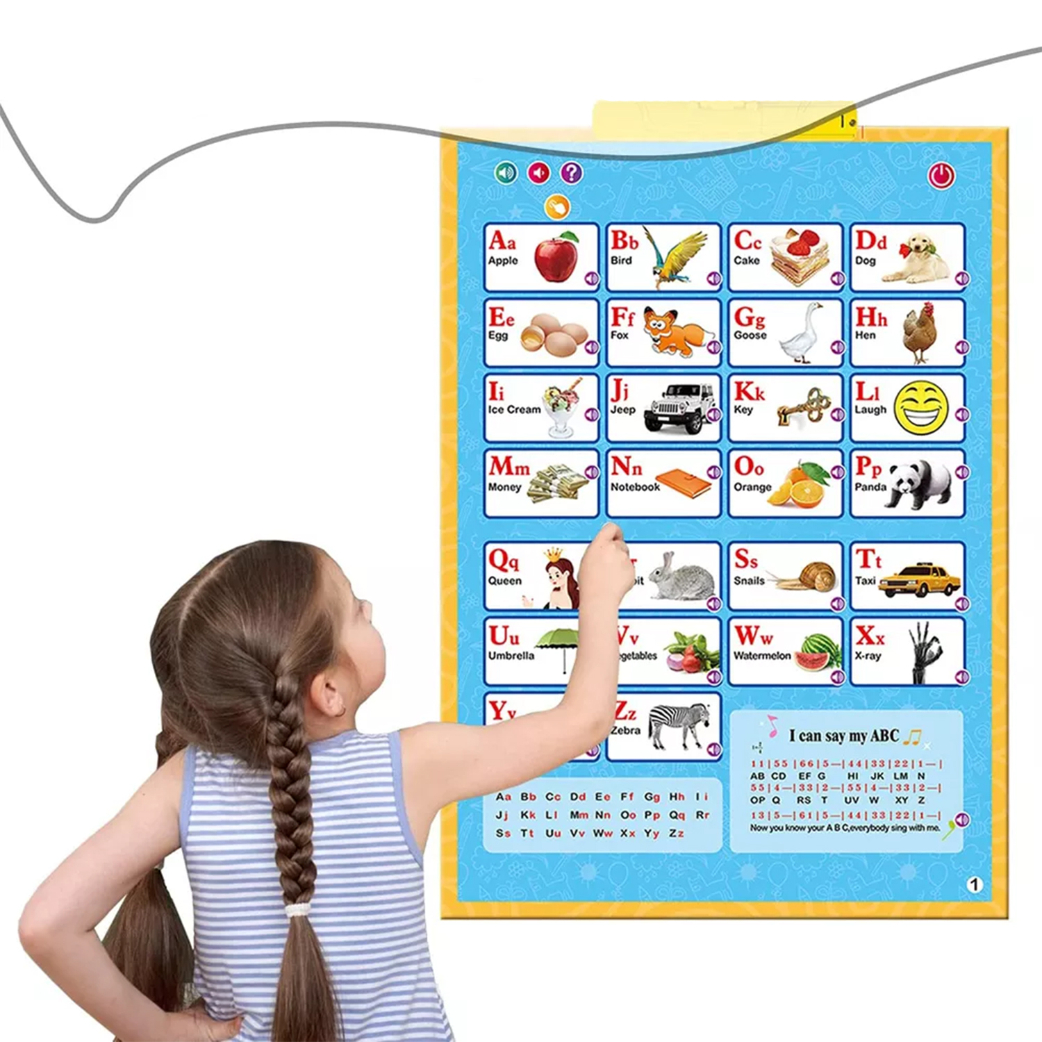 Ragazza che indica un poster educativo ABC. Include illustrazioni e lettere.