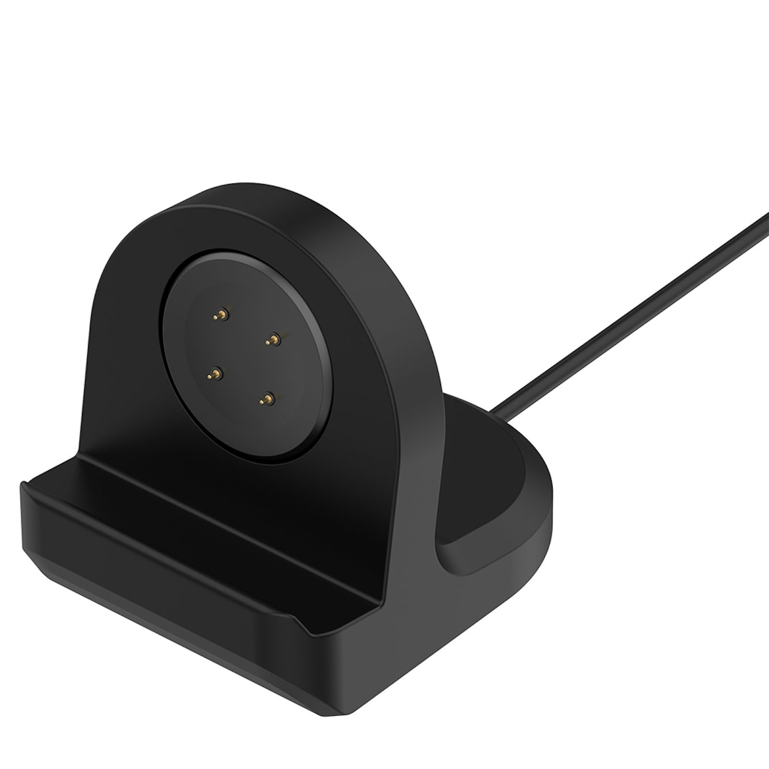 Schwarzer Smartwatch-Ladeständer. Nahaufnahme auf weißem Hintergrund.