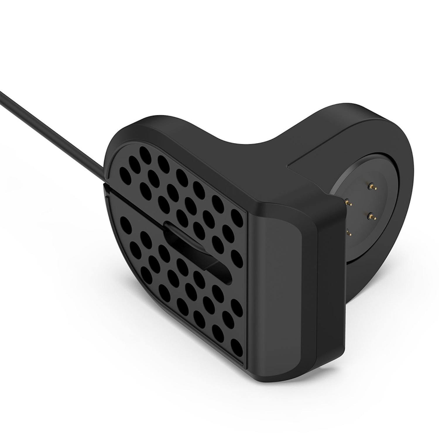 Schwarze Ladestation für eine Smartwatch. Nahaufnahme mit schwarzem Kabel.