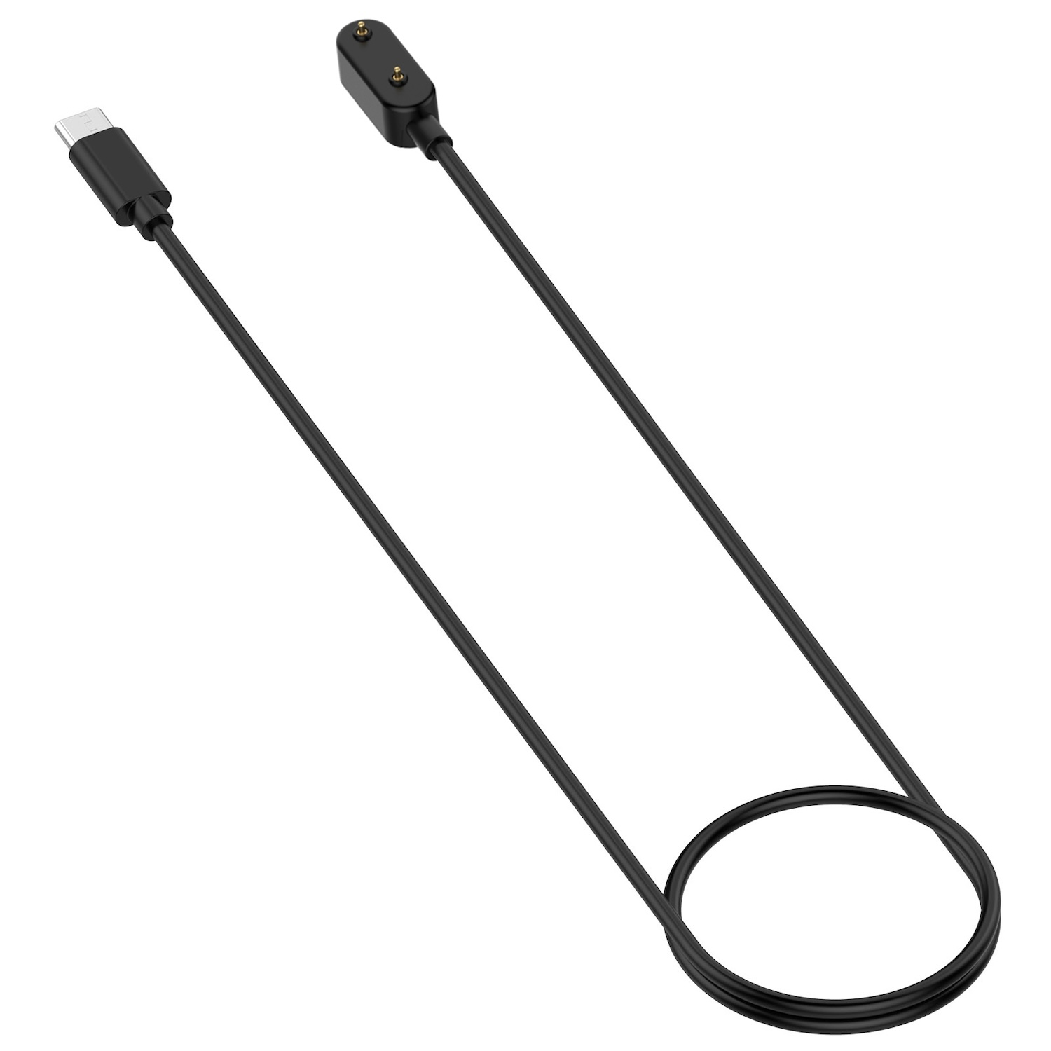 Schwarzes Ladekabel mit USB-C-Anschluss und magnetischem Ladepad. Das Kabel bildet eine Schlaufe.
