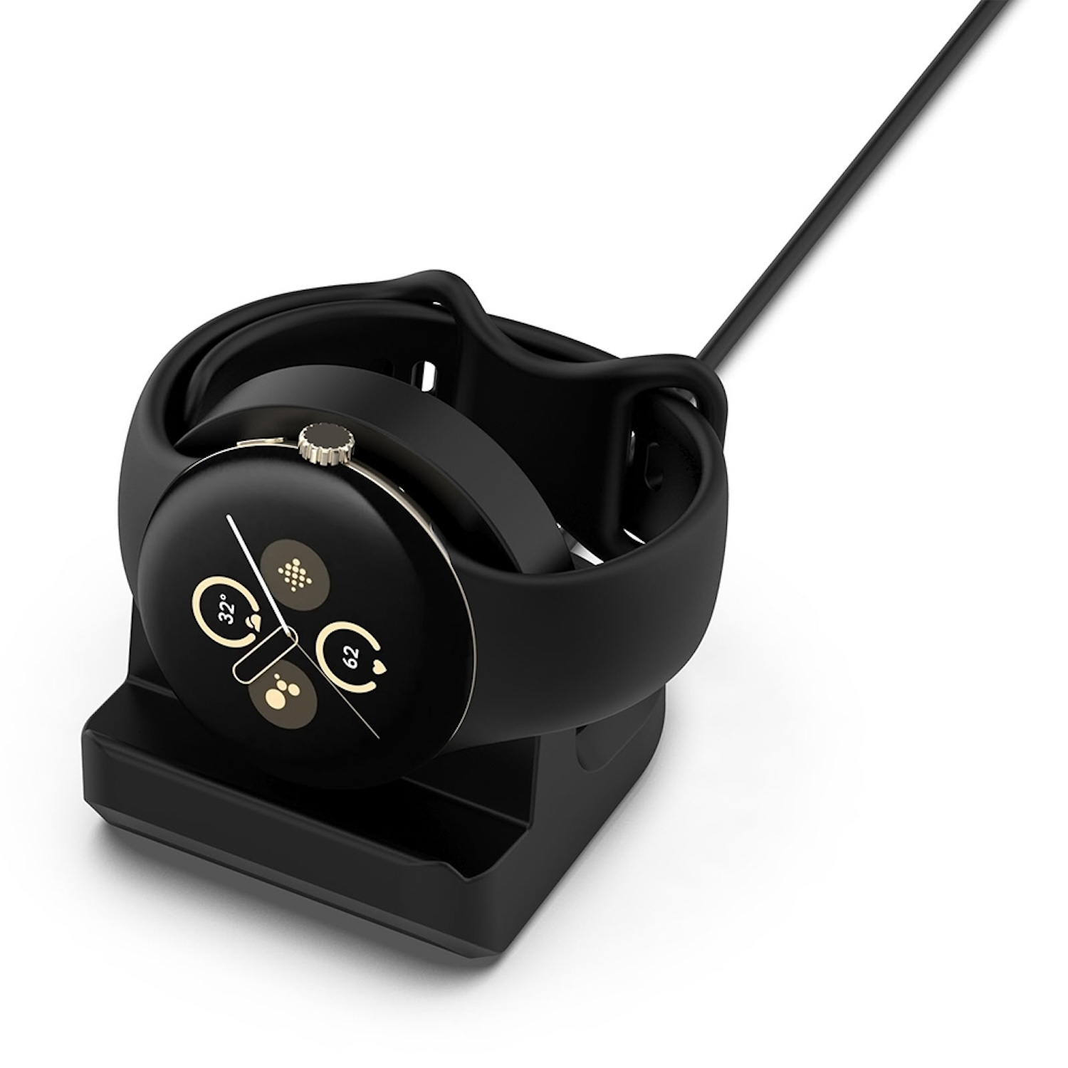 Schwarze Smartwatch auf einer schwarzen Ladestation mit Kabel. Zifferblatt zeigt 32, 62 und ein Herzsymbol.