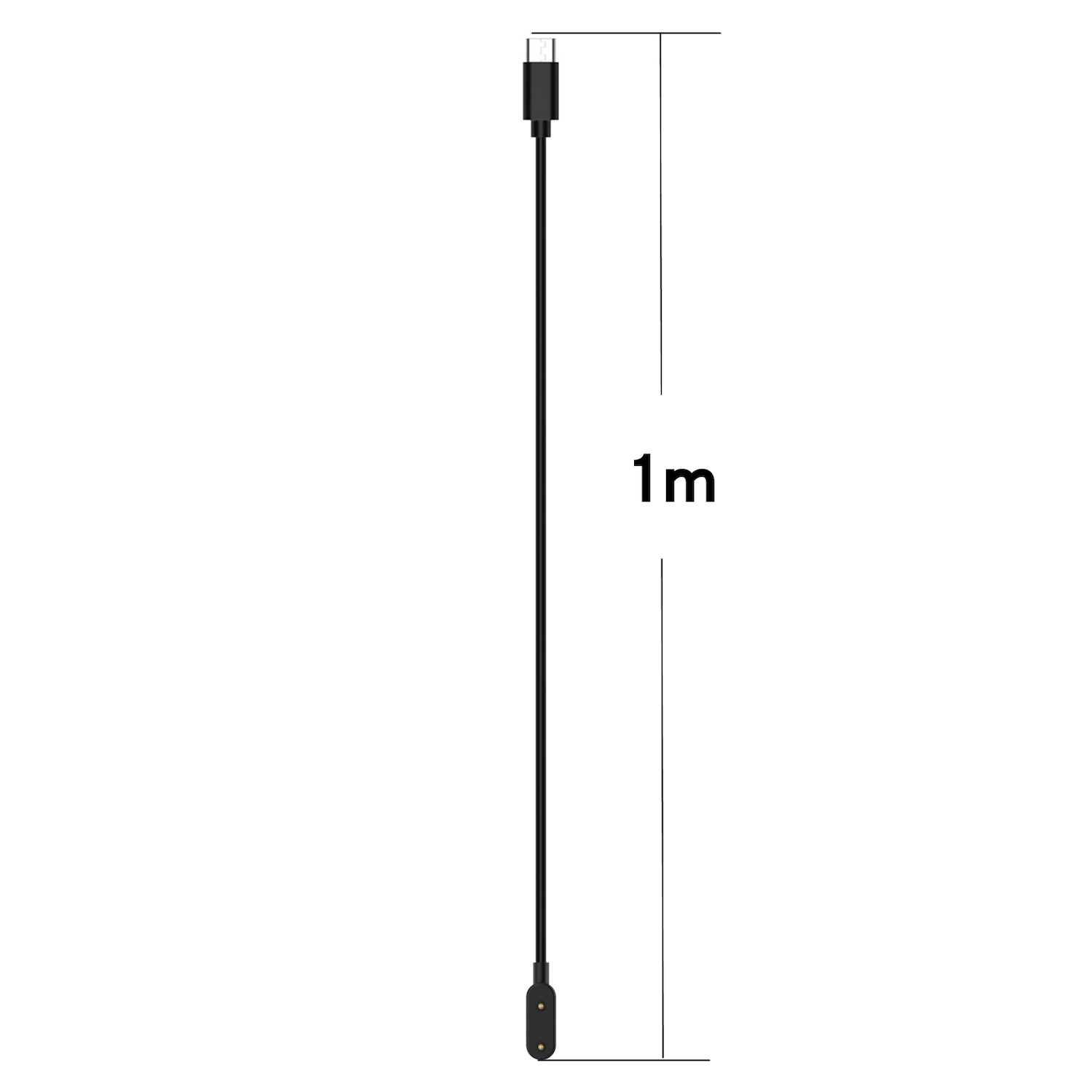Schwarzes Ladekabel mit USB-C-Anschluss. Das Kabel ist einen Meter lang, das Ende hat einen runden Stecker.