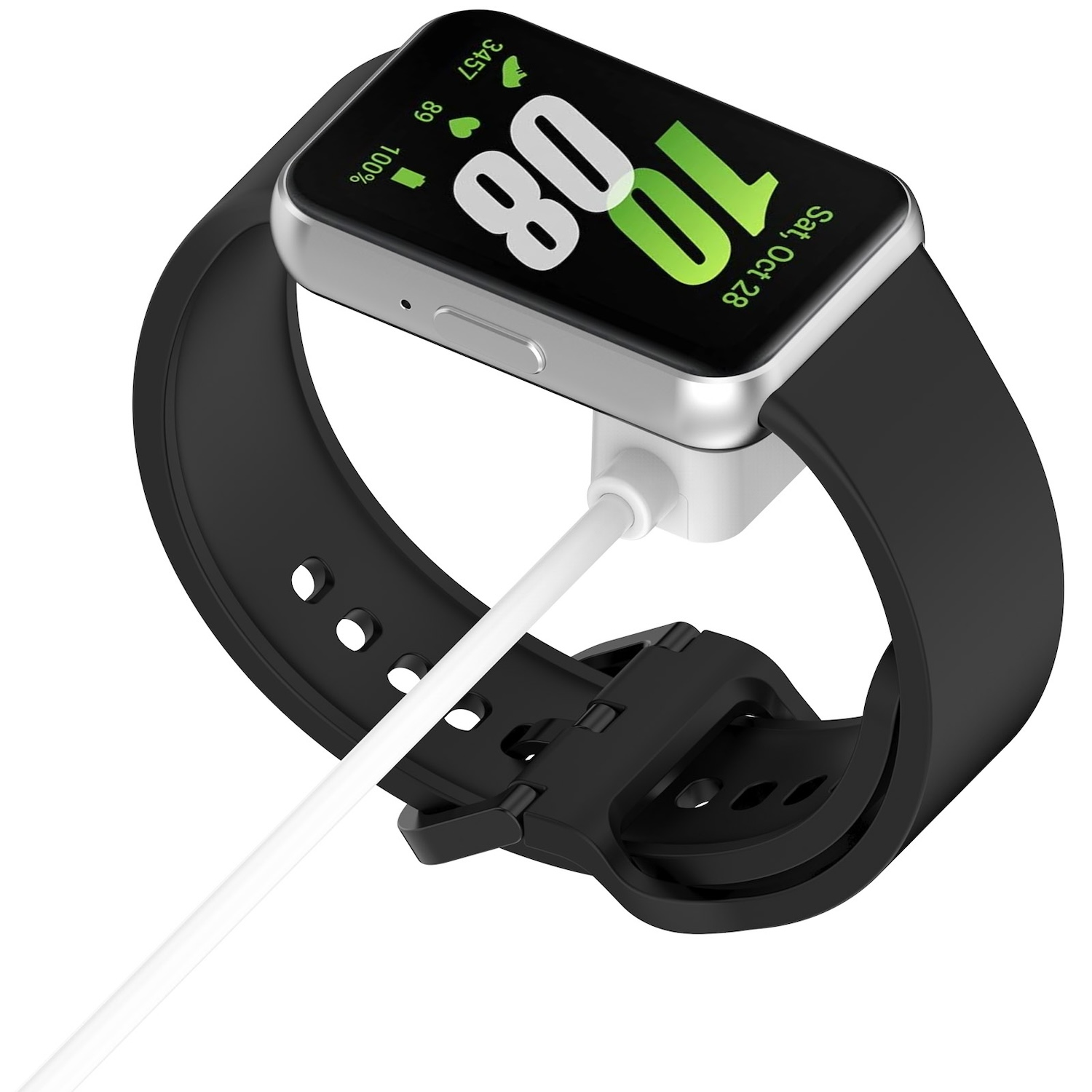 Eine schwarze Smartwatch mit angeschlossenem weißen Ladekabel. Uhr zeigt Zeit und Akkustand.