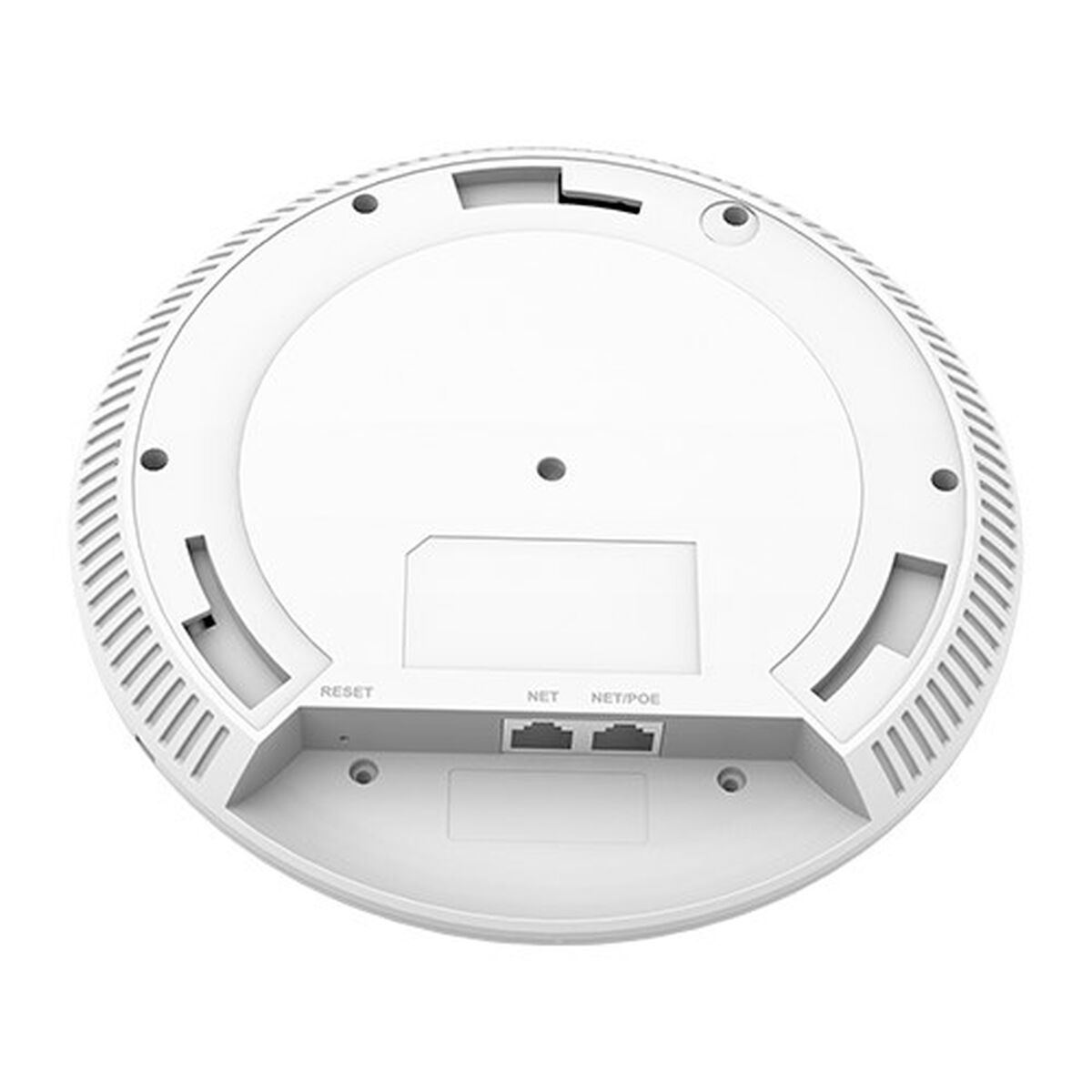 Dispositivo circolare bianco, vista inferiore, con porte etichettate 'RESET', 'NET' e 'NET/POE'.