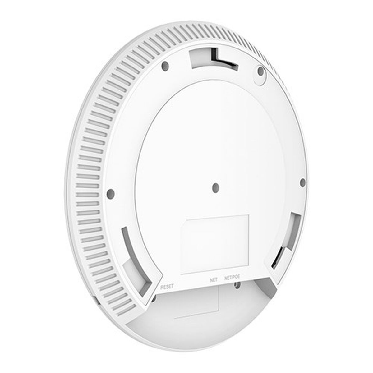 Dispositivo circolare bianco, vista inferiore, con porte etichettate 'RESET', 'NET' e 'NET/POE'.