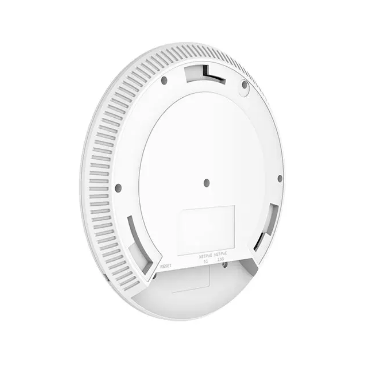 Parte inferiore di un dispositivo circolare bianco, con porte ed etichette visibili.