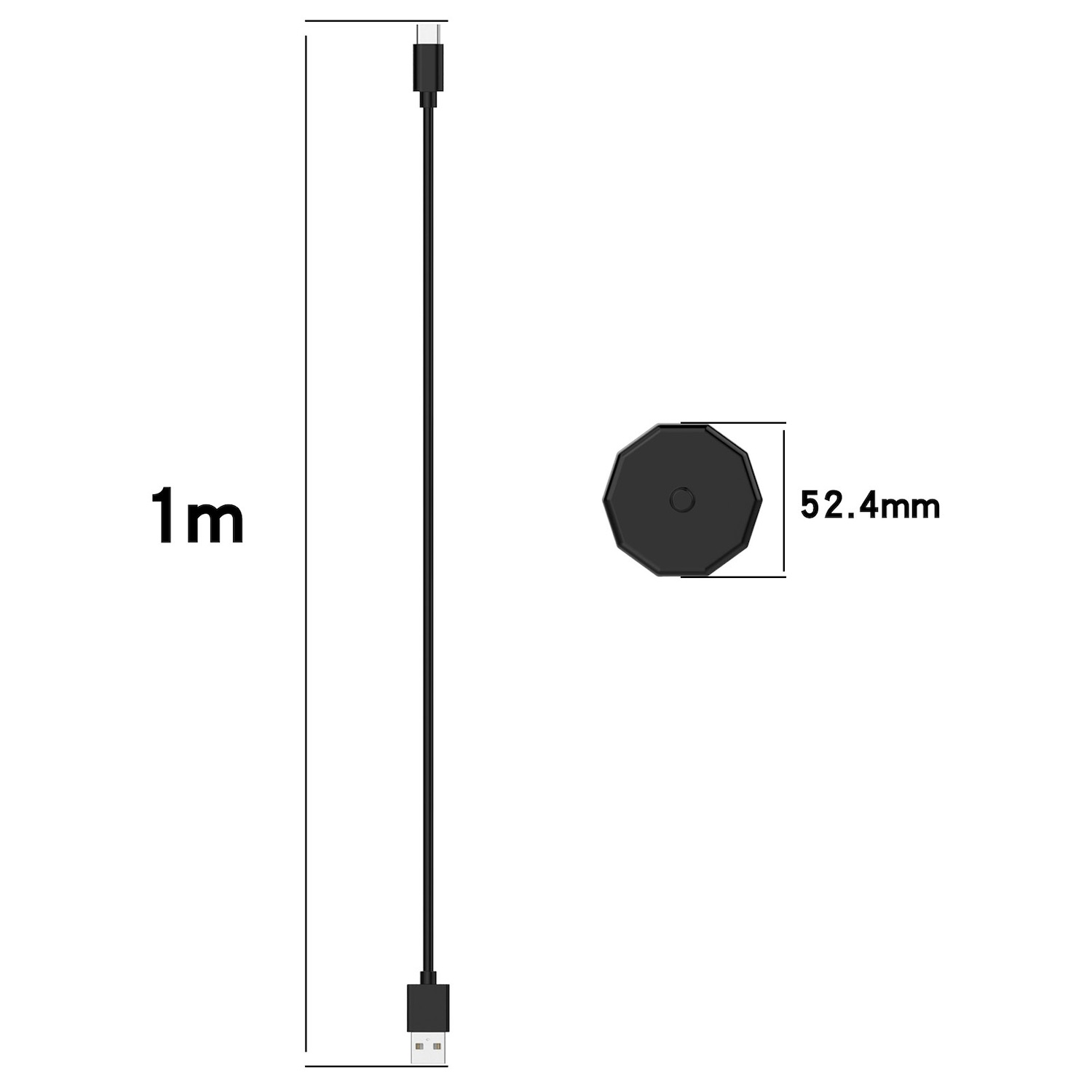 1 m langes USB-C-zu-USB-Kabel, mit schwarzem Stecker und achteckiger Basis.