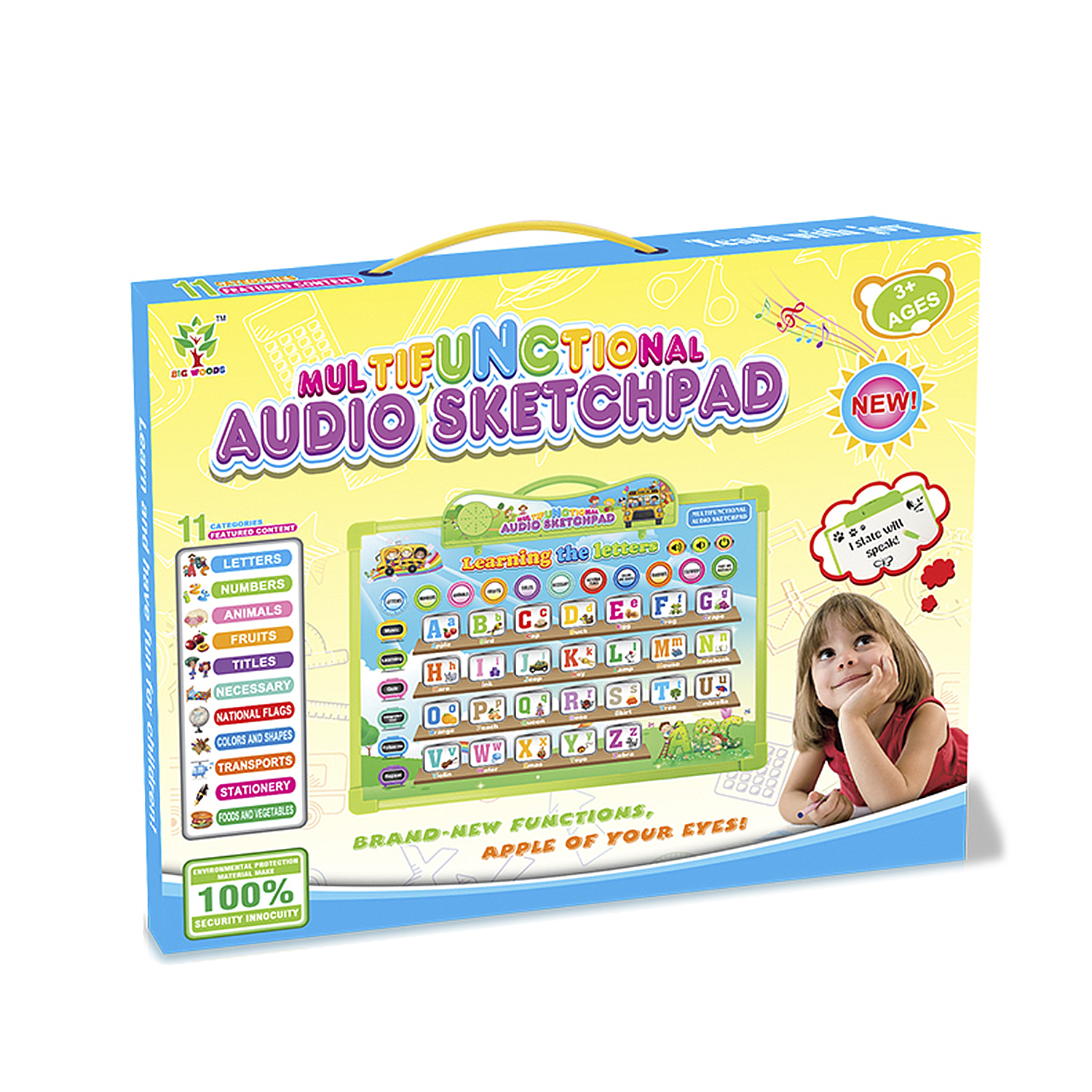 Ein farbenfrohes Lernspielzeug mit Buchstaben, Zahlen und einem Mädchen, das es anschaut. Das Spielzeug ist in einer Box.