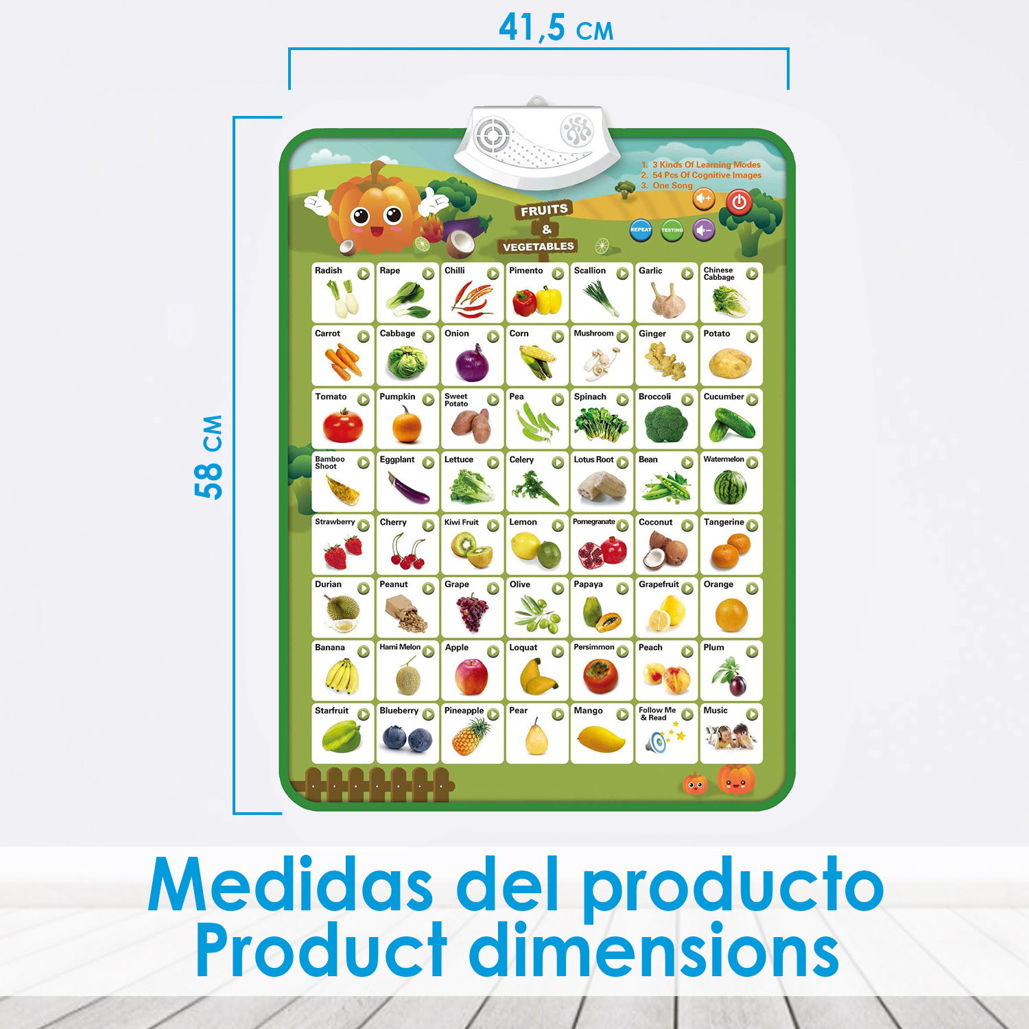 Poster mit Obst und Gemüse. Text: "Medidas del producto Product dimensions". Größe ist 41,5 x 58 cm.
