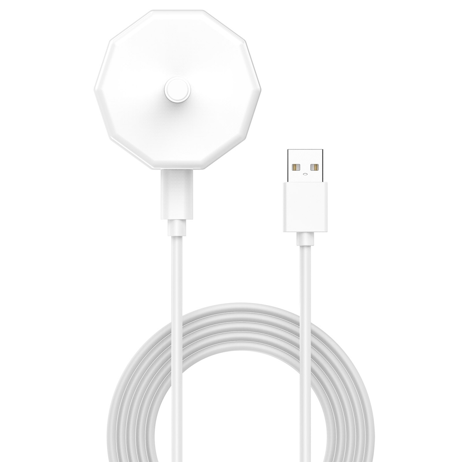 Weiße Antenne mit weißem Kabel und USB-Anschluss. Die Antenne ist achteckig mit einer kleinen Oberseite.