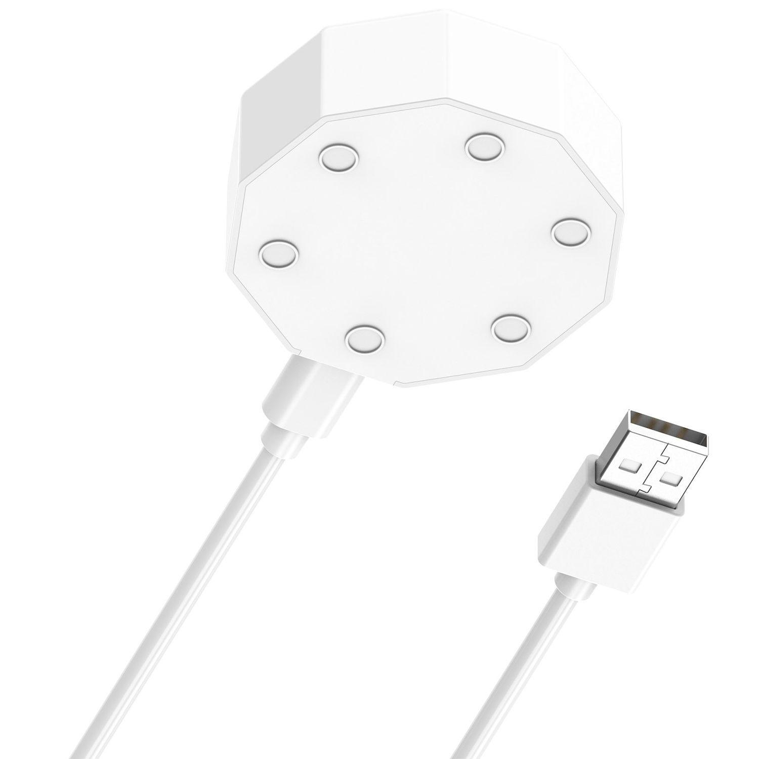 Eine weiße Ladestation mit mehreren Löchern und einem USB-Kabel auf weißem Hintergrund.