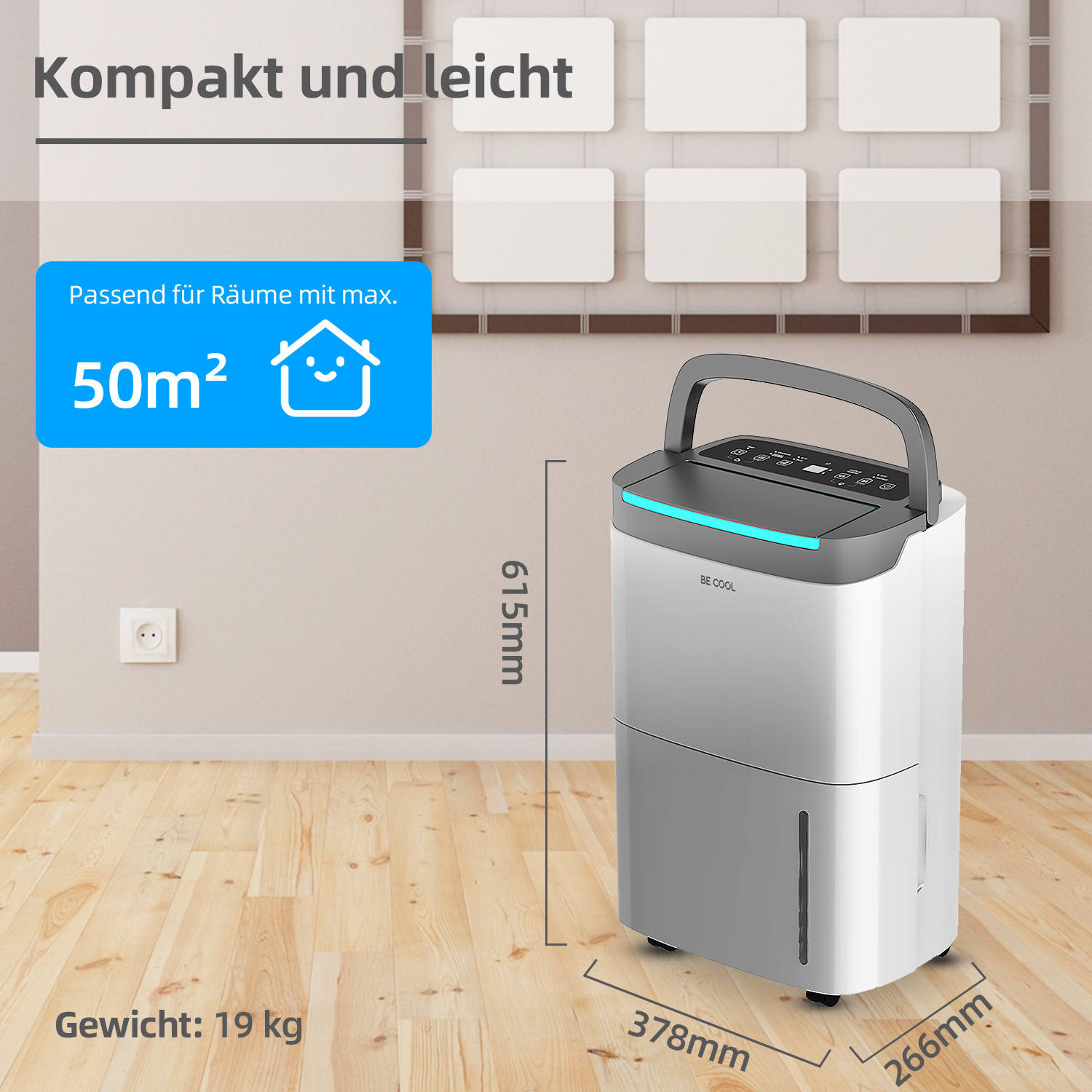 Un deumidificatore è mostrato. È argento e bianco. Le dimensioni sono visualizzate. Il testo recita: Kompakt und leicht.