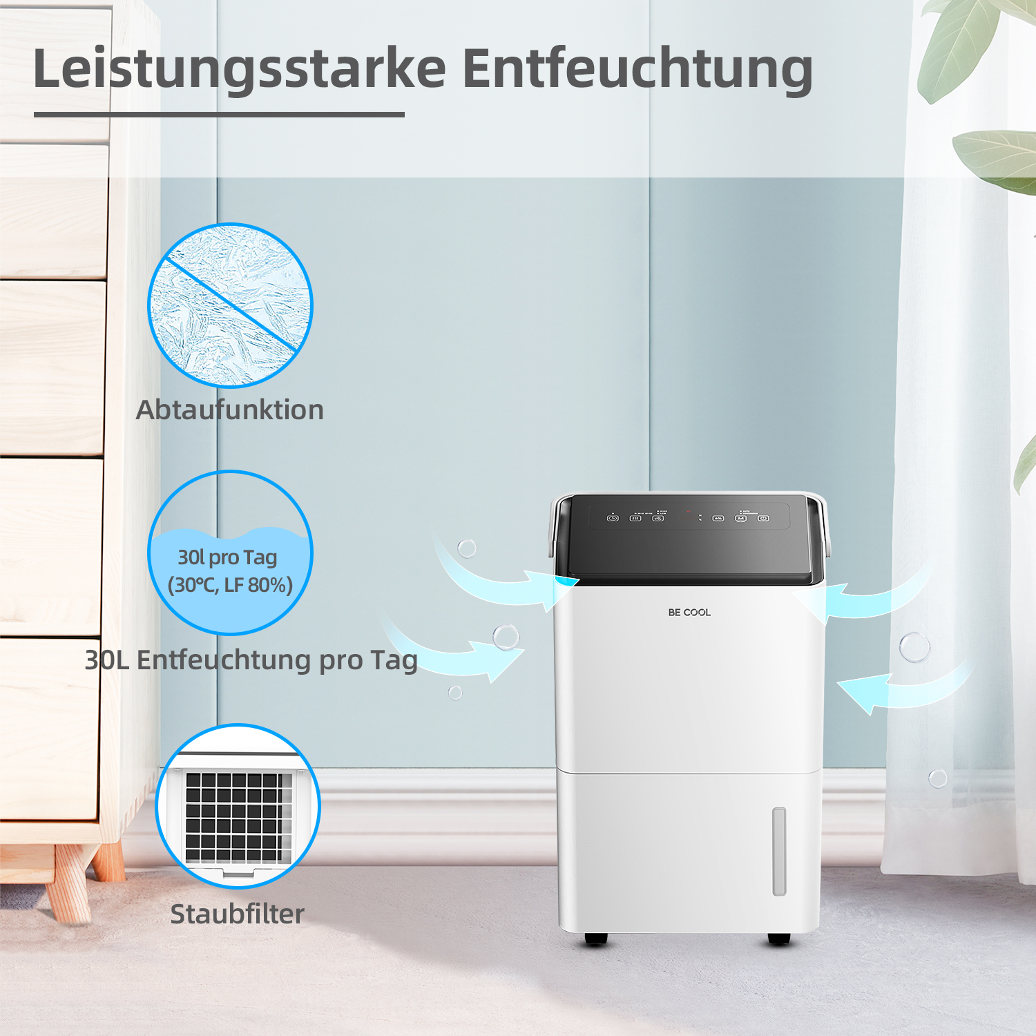 Deumidificatore bianco con flussi d'aria blu e icone delle funzioni. Il testo indica 30L/giorno deumidificazione e filtro.
