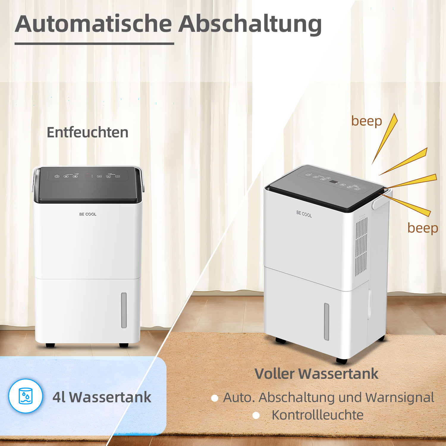 Zwei Luftentfeuchter, einer links, einer rechts mit Warntönen. Text sagt, 4l Wassertank.