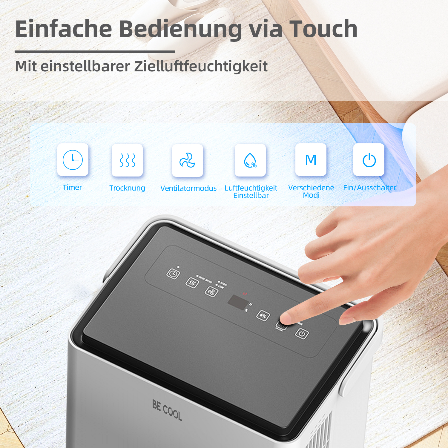 Luftentfeuchter, Touch-Bedienfeld. Timer, Trocknen, Lüftermodus, Luftfeuchtigkeitseinstellung, Moduswahl, Ein/Aus.