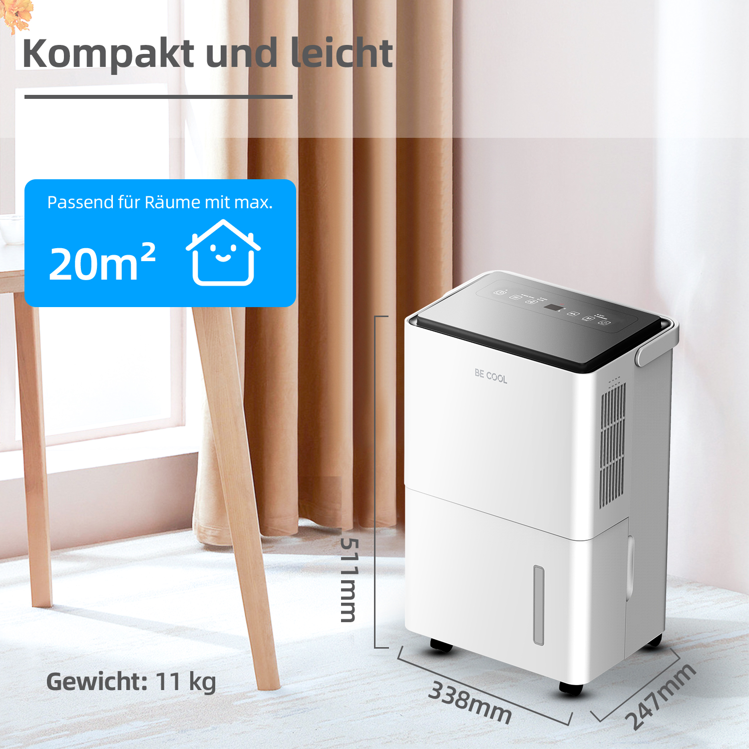 Luftentfeuchter. Weißes Gerät mit angezeigten Abmessungen. Text: Kompakt und leicht. Geeignet für bis zu 20 m².