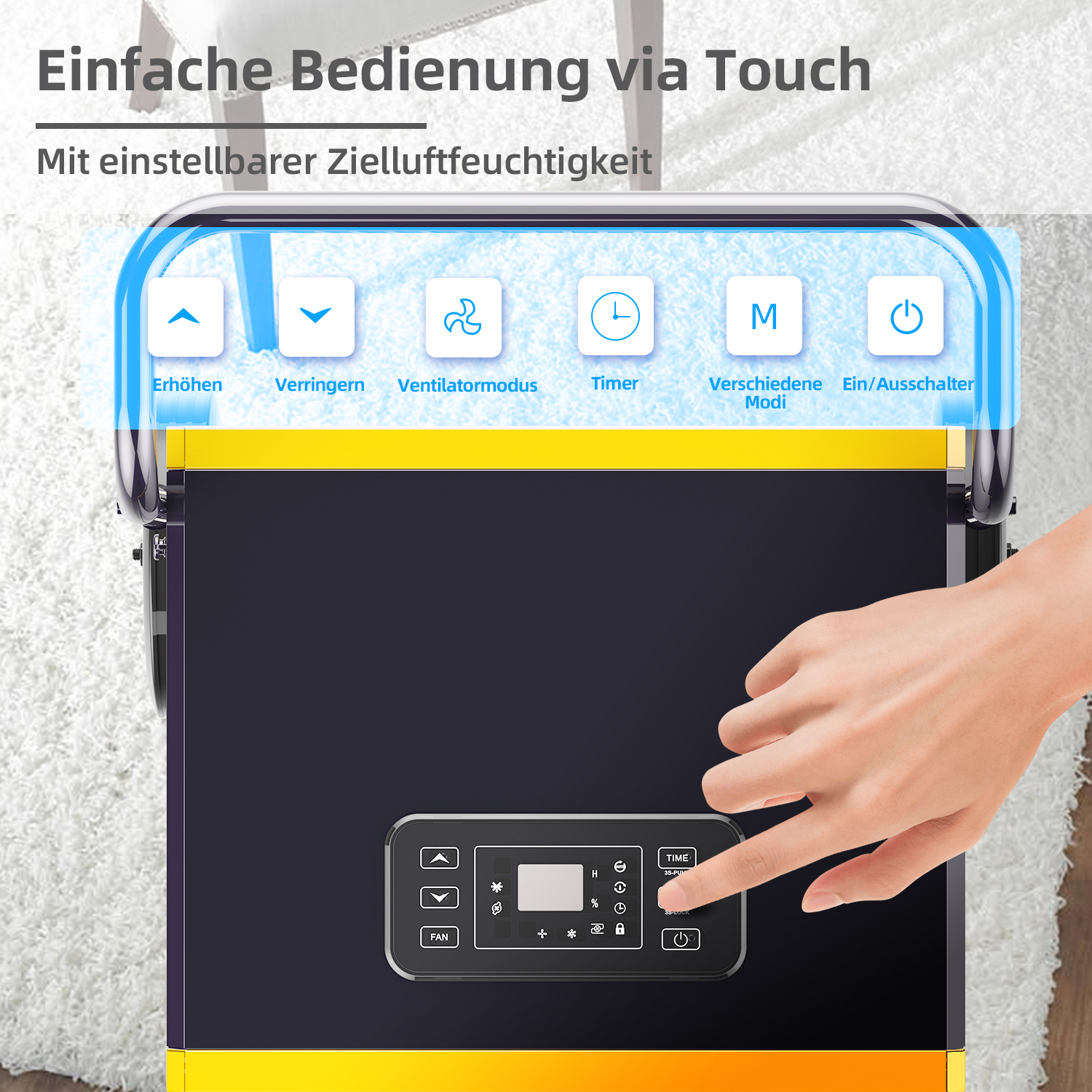Un primo piano del pannello di controllo del deumidificatore. Una mano tocca il touchscreen. Varie icone sono visibili.