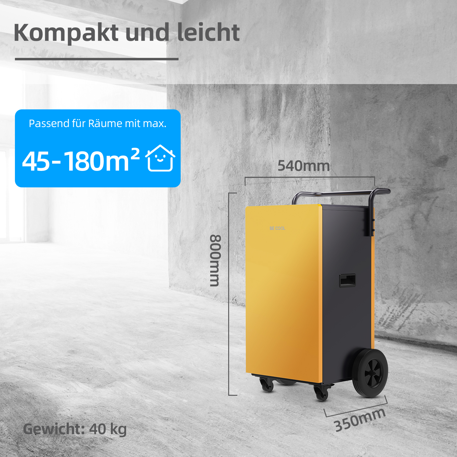 Deumidificatore. Giallo e nero con ruote. Testo: Compatto e leggero. Dimensioni e capacità visualizzate.