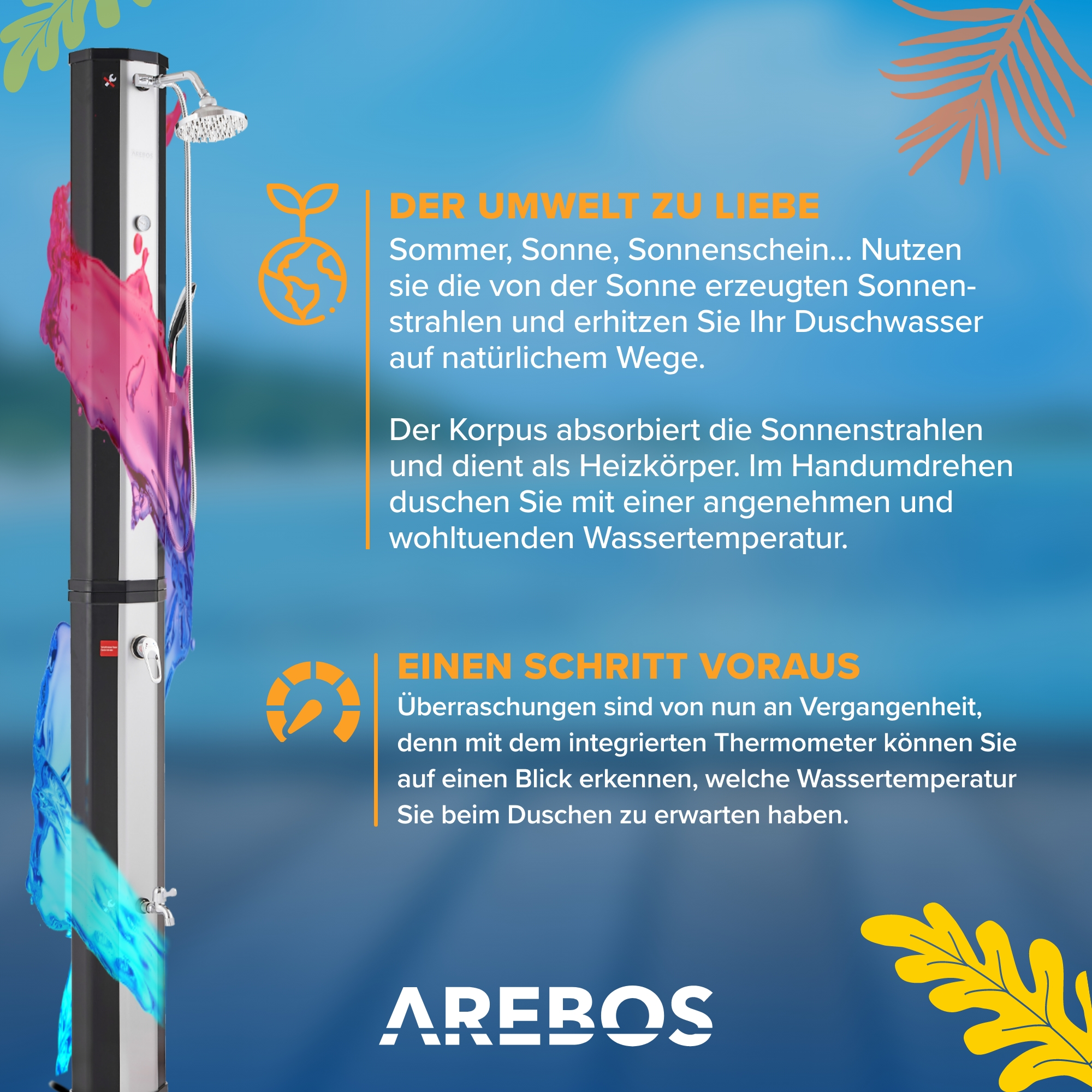 Außendusche mit Wasserspritzern. Text beschreibt Solarheizung und Thermometer.