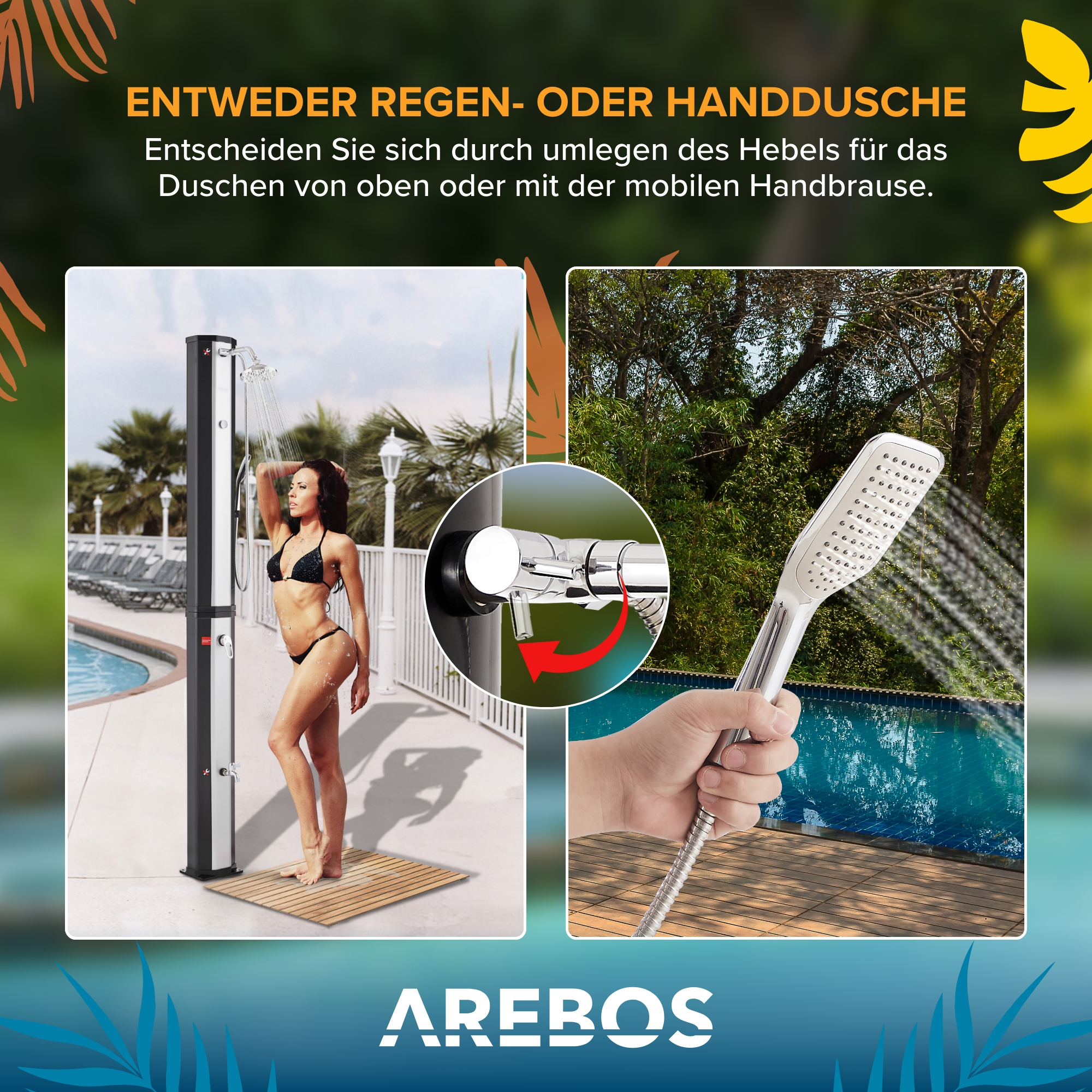 Frau duscht im Freien. Optionen für Dusche und Handbrause. Pool und Palmen im Hintergrund.