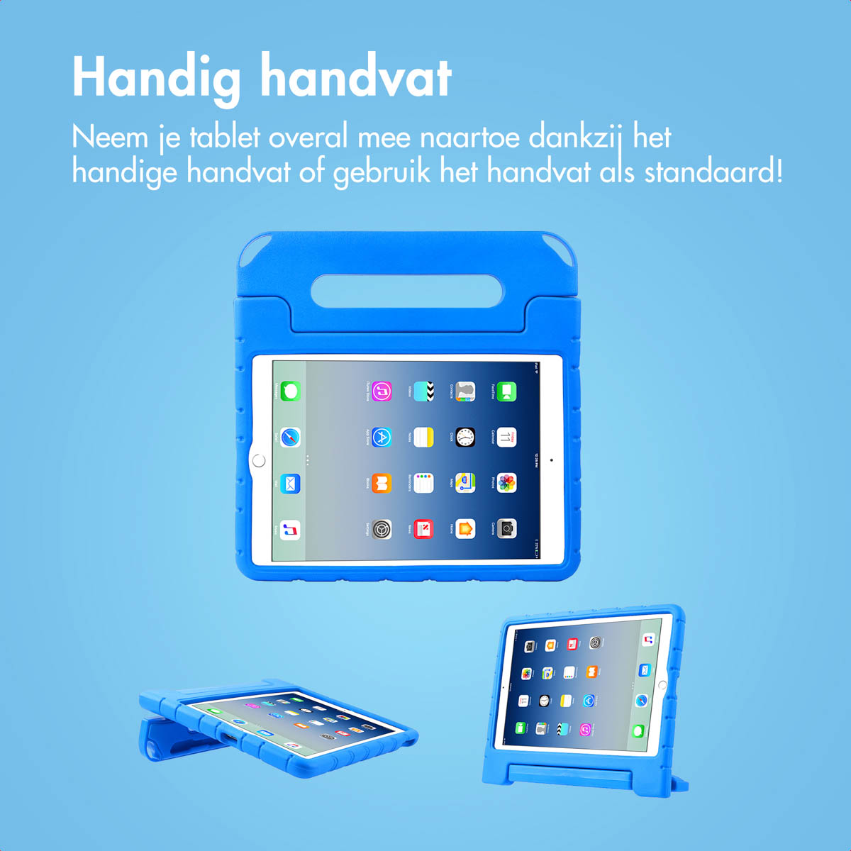 Blue tablet case with a handle, holding a tablet. The case has a holder. The background is light blue.