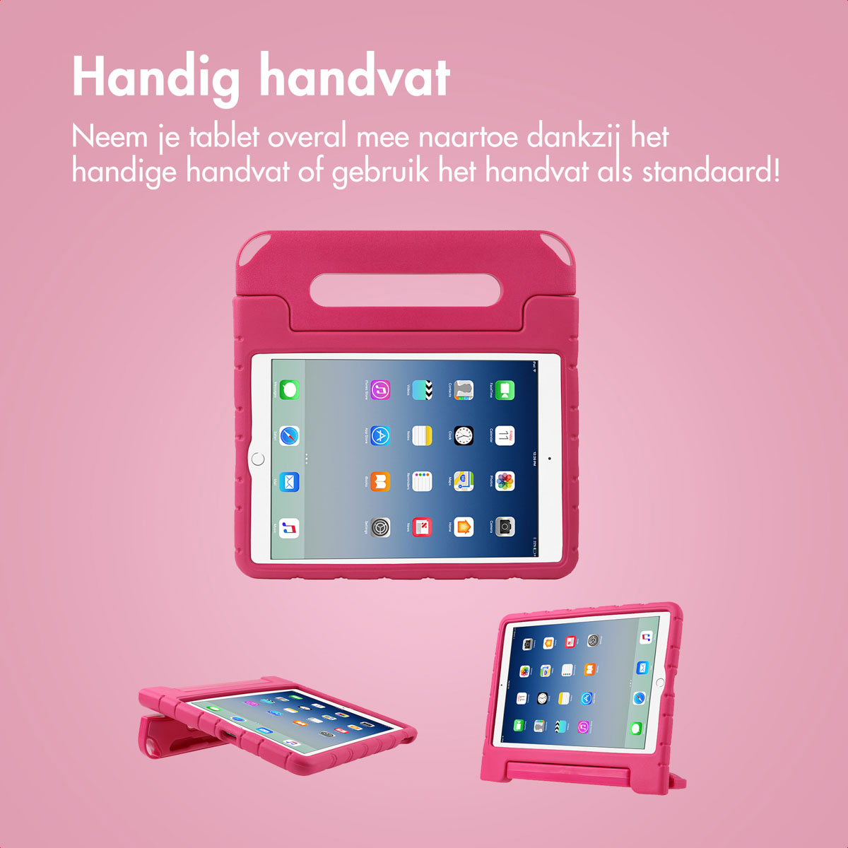 Three images of a pink tablet case with a handle. Tablets are shown inside the case.