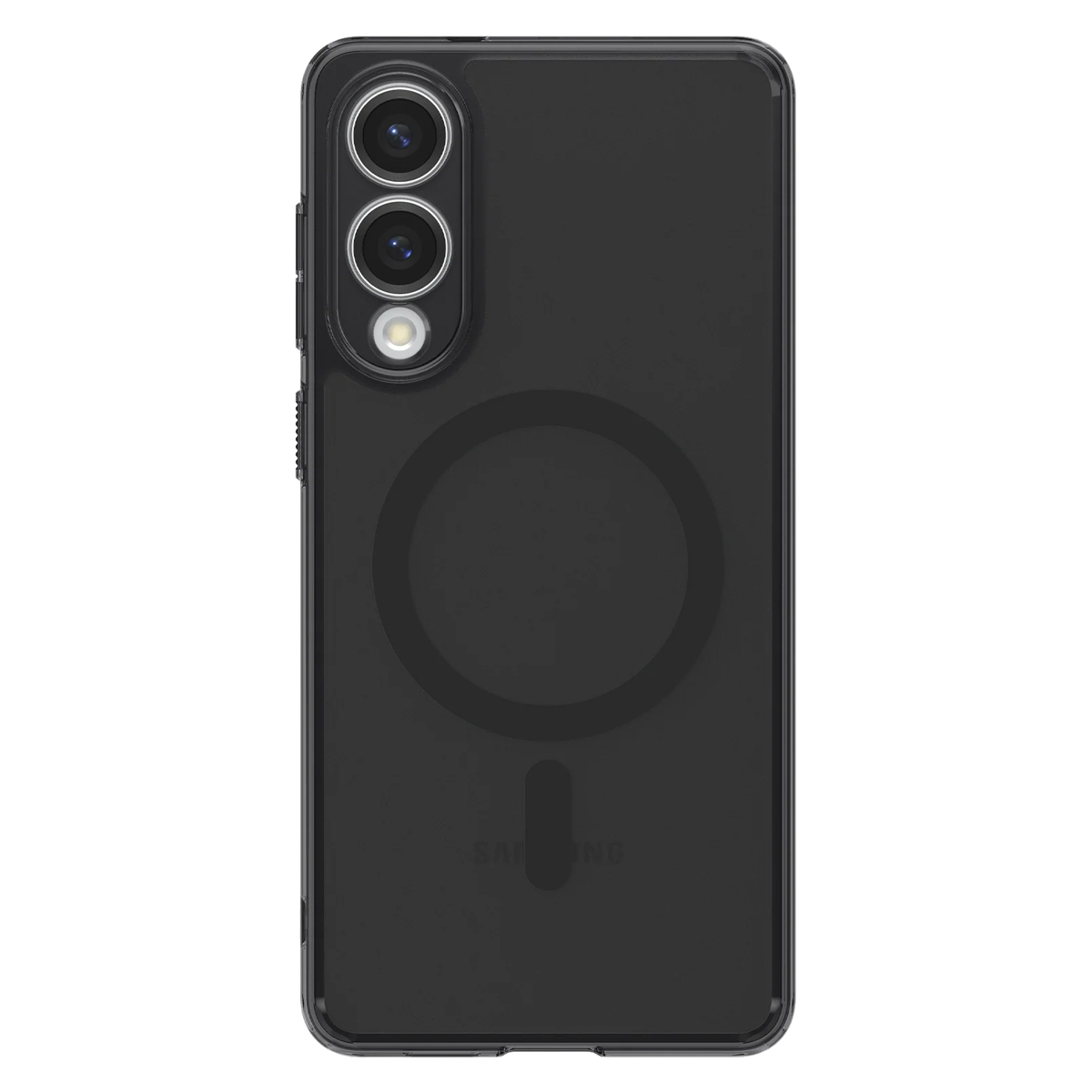 Une coque de téléphone noire avec un design de cercle magnétique. La coque semble protéger un téléphone.