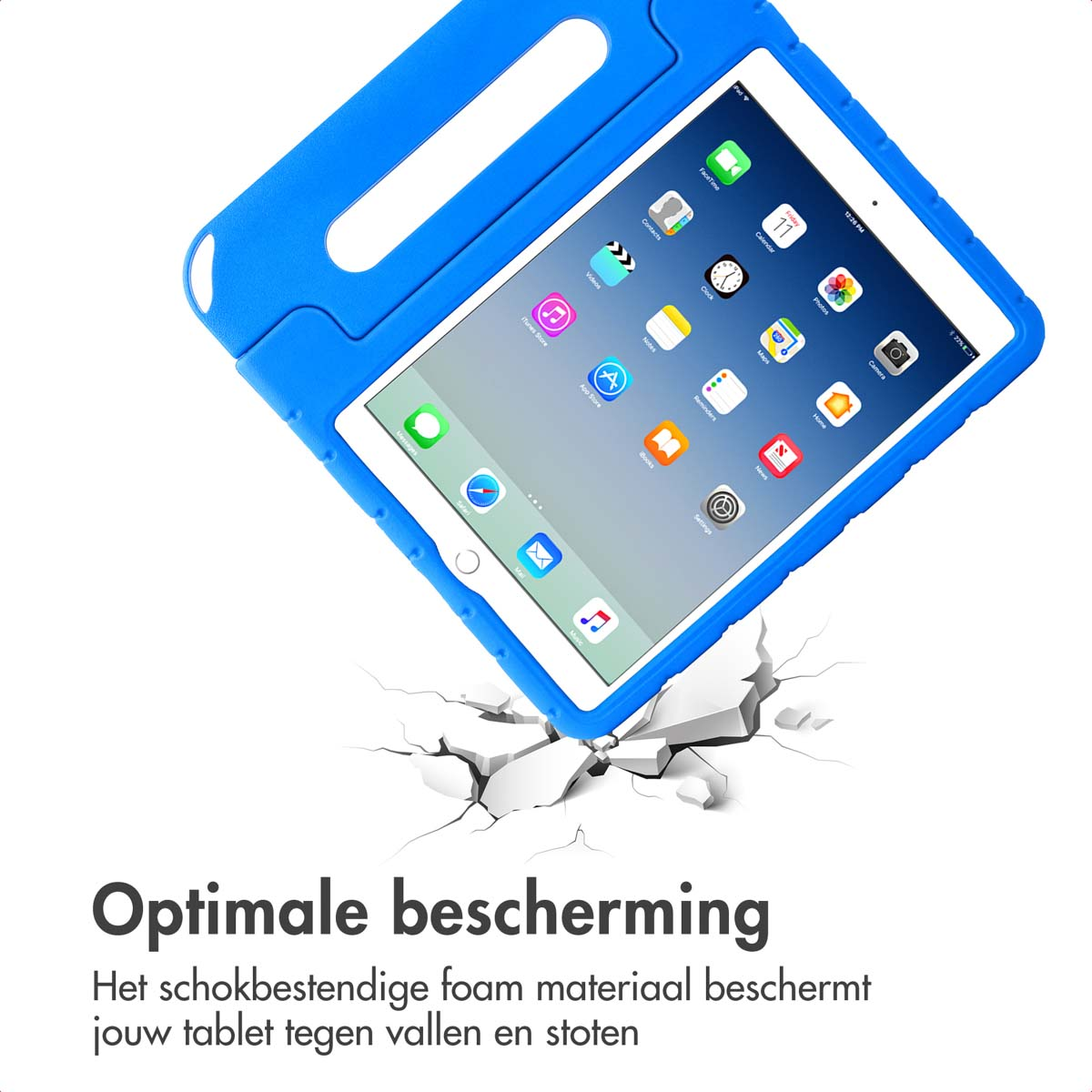 Blue tablet case with handle, protecting a tablet. The background shows cracks.
