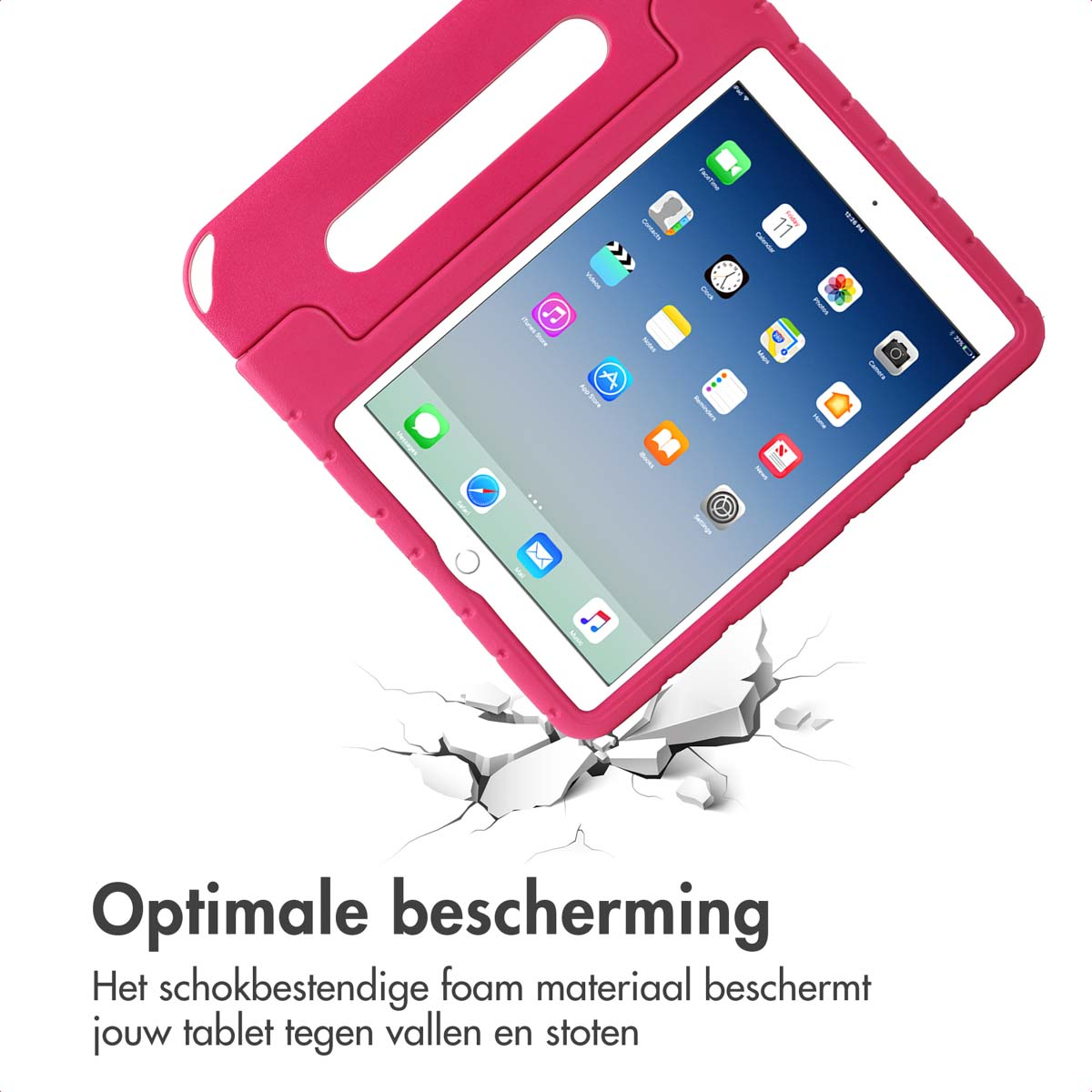 Pink tablet case with handle, protecting a tablet. The background shows cracks.