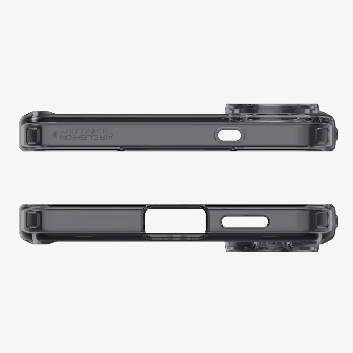 Une coque de téléphone, de couleur noire. Les bords ont des boutons et des trous. Le fond est blanc.