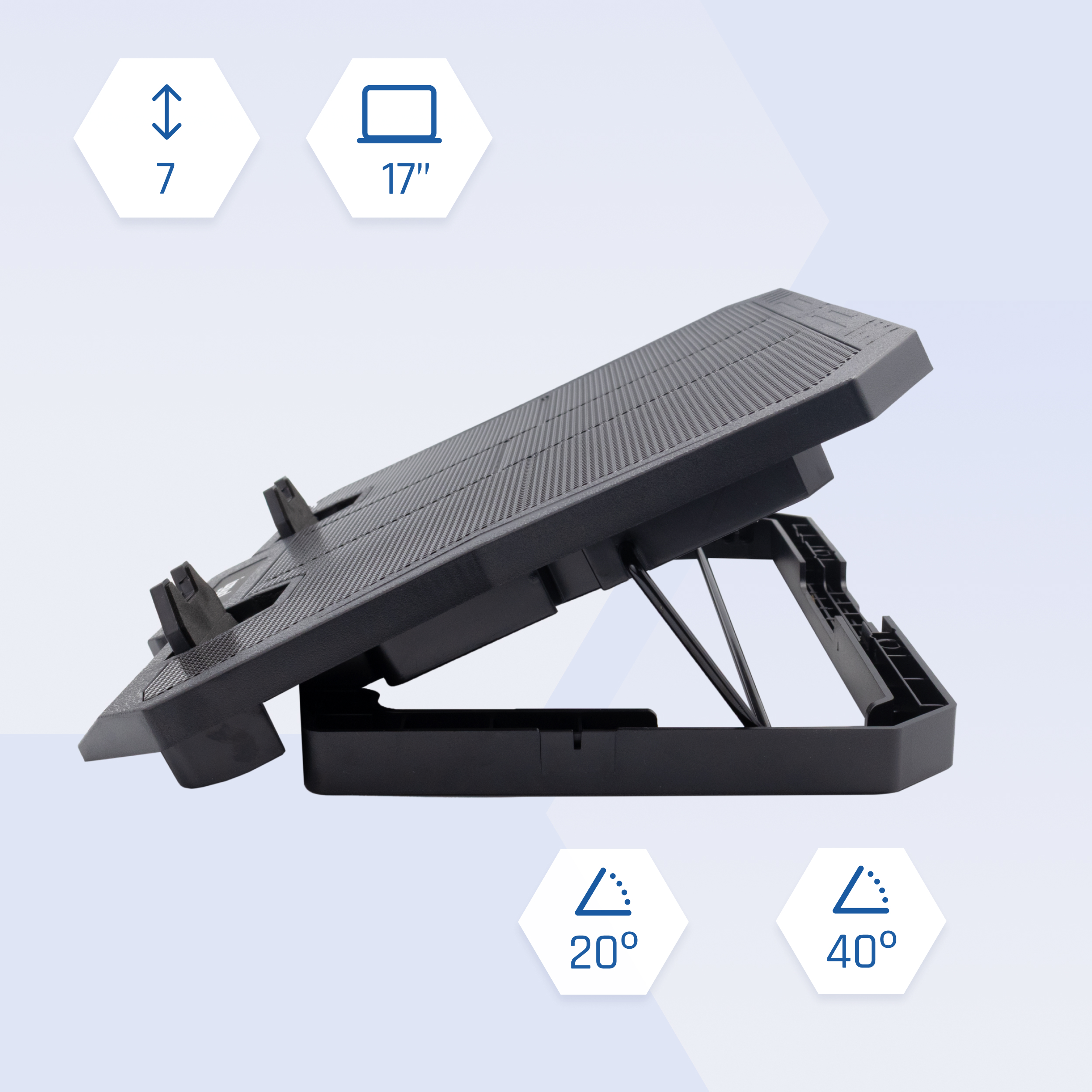 Zwarte laptopstandaard met hoeken van 20 en 40 graden, geschikt voor 17" laptops.