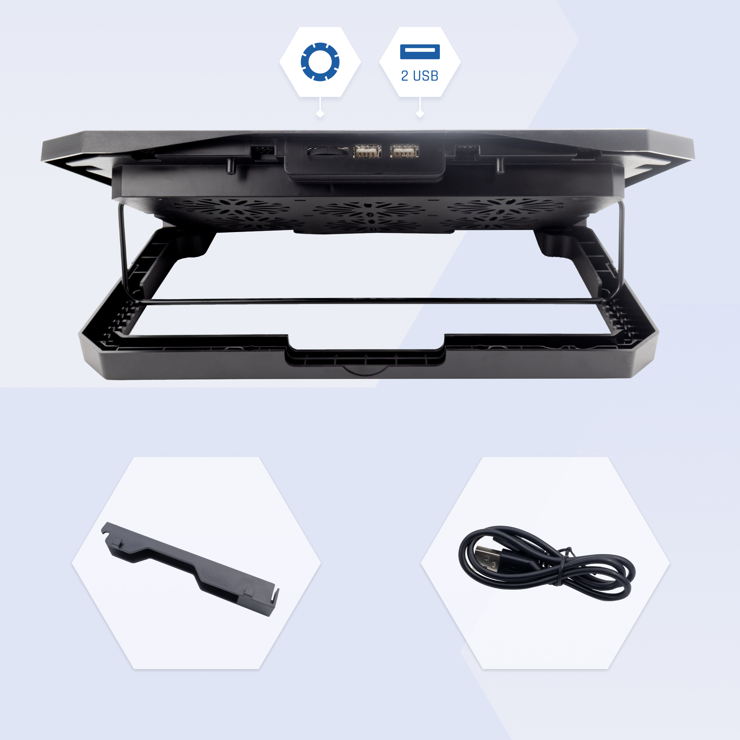 Zwarte laptop koelstandaard met een ventilator, USB-poorten en een kabel. Twee extra onderdelen worden weergegeven.