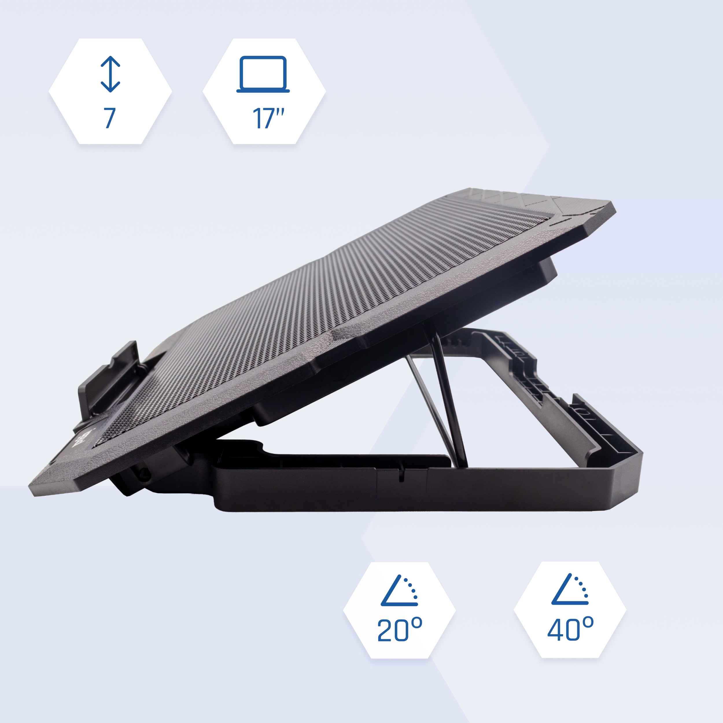 Czarny stojak na laptopa skierowany w górę, ze wskaźnikami wysokości i kąta. Stojak znajduje się na gradientowym tle.