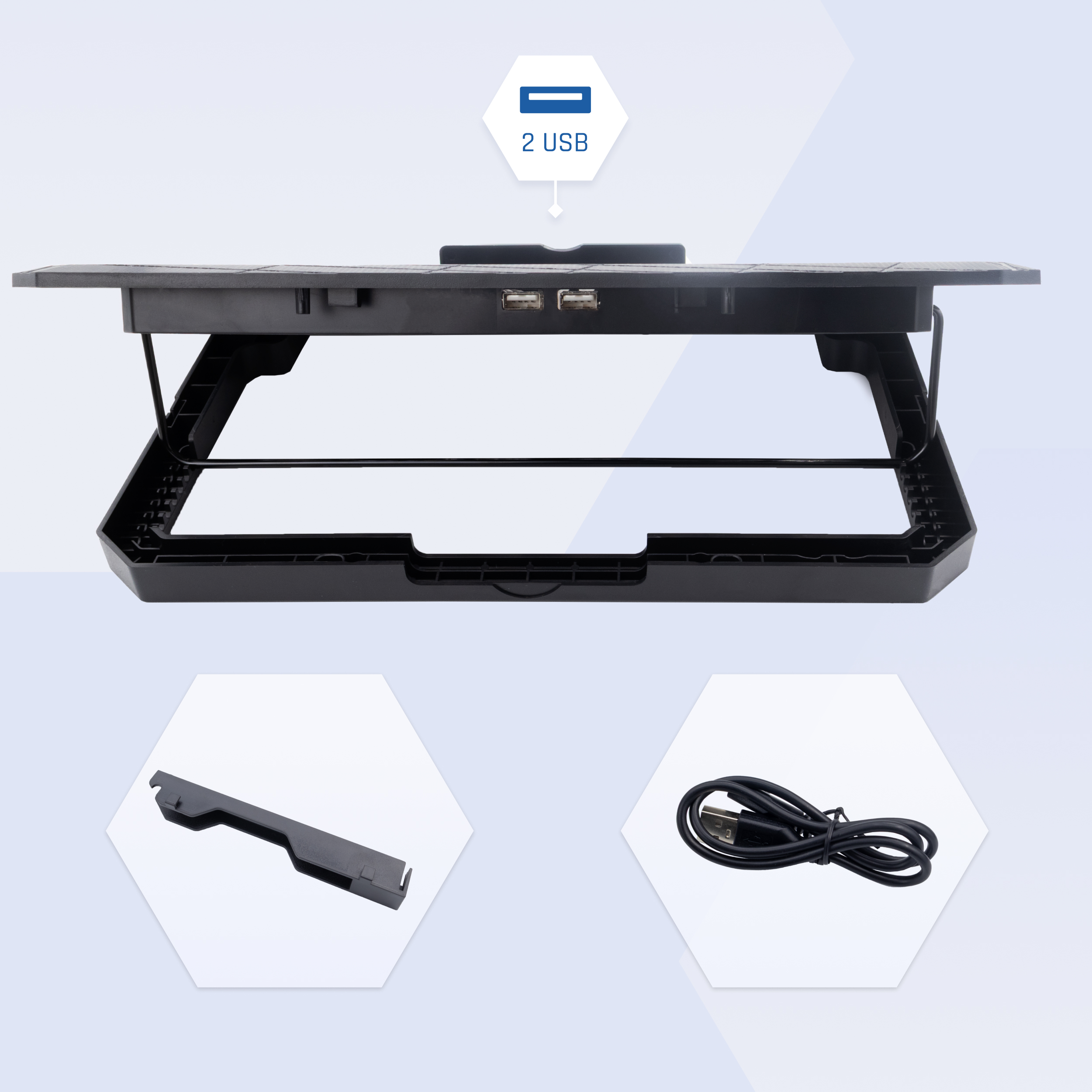 Czarny stojak na laptopa. Stojak ma wspornik na komputer i port USB.