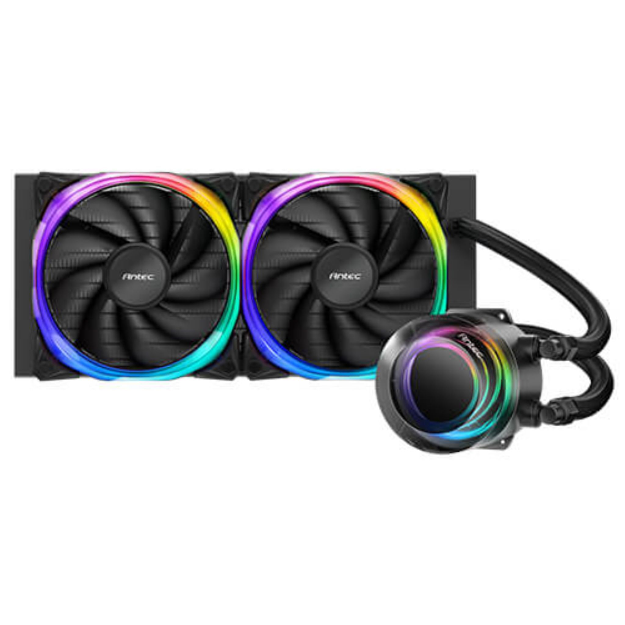 Refroidisseur d'ordinateur avec deux ventilateurs à anneaux LED colorés et une pompe.