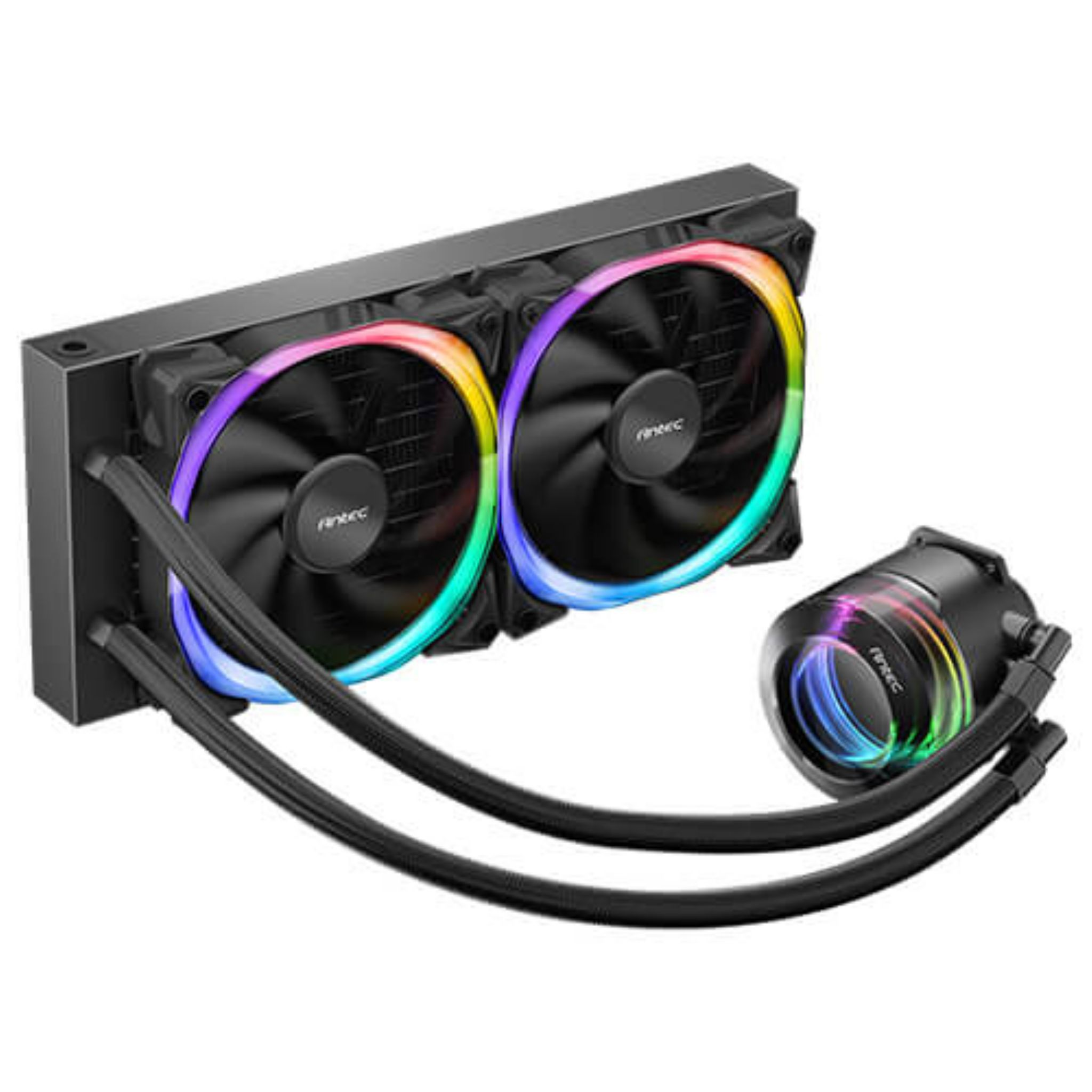 Système de refroidissement liquide pour PC noir avec deux ventilateurs. Les ventilateurs ont des pales noires et un anneau coloré autour.