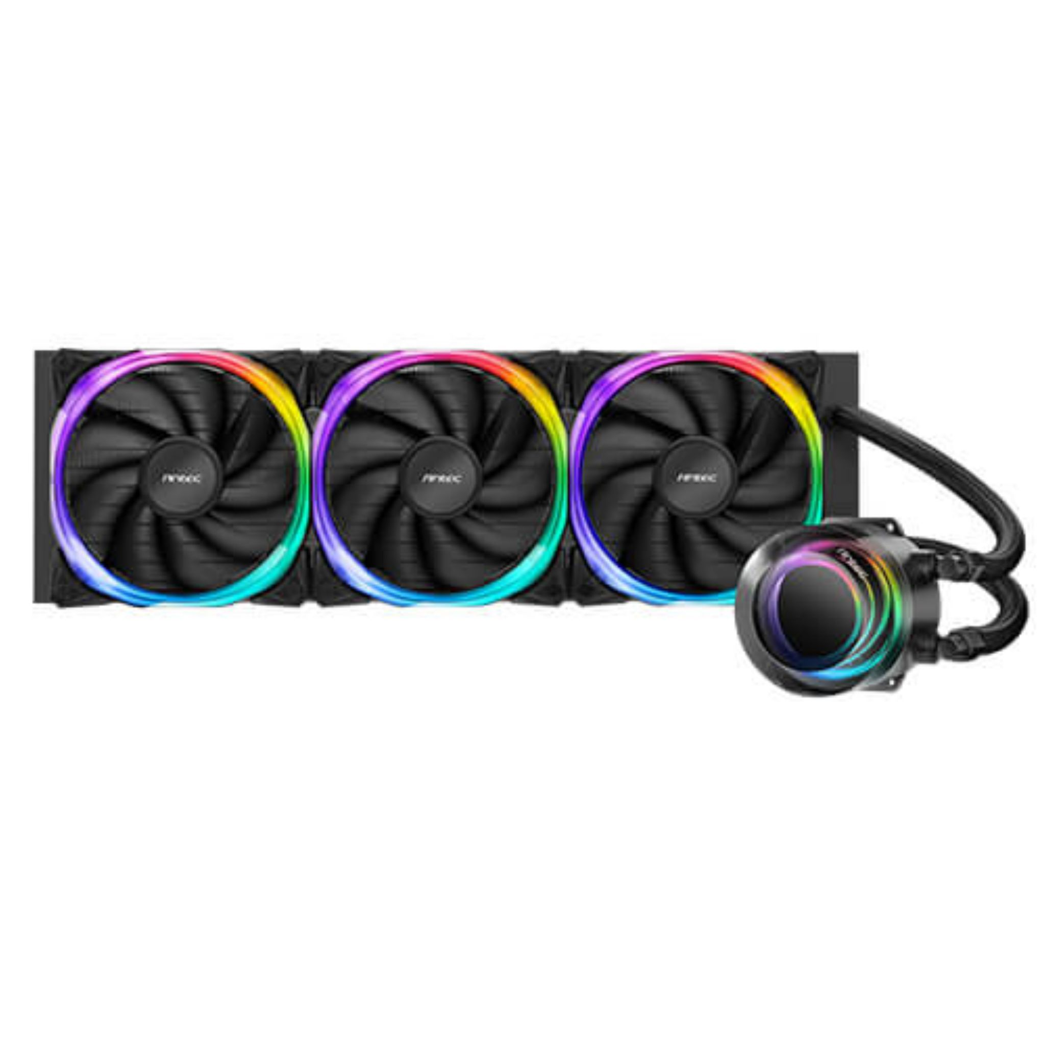 Sistema de refrigeración líquida para PC negro con tres ventiladores. Los ventiladores tienen aspas negras y un anillo de color.