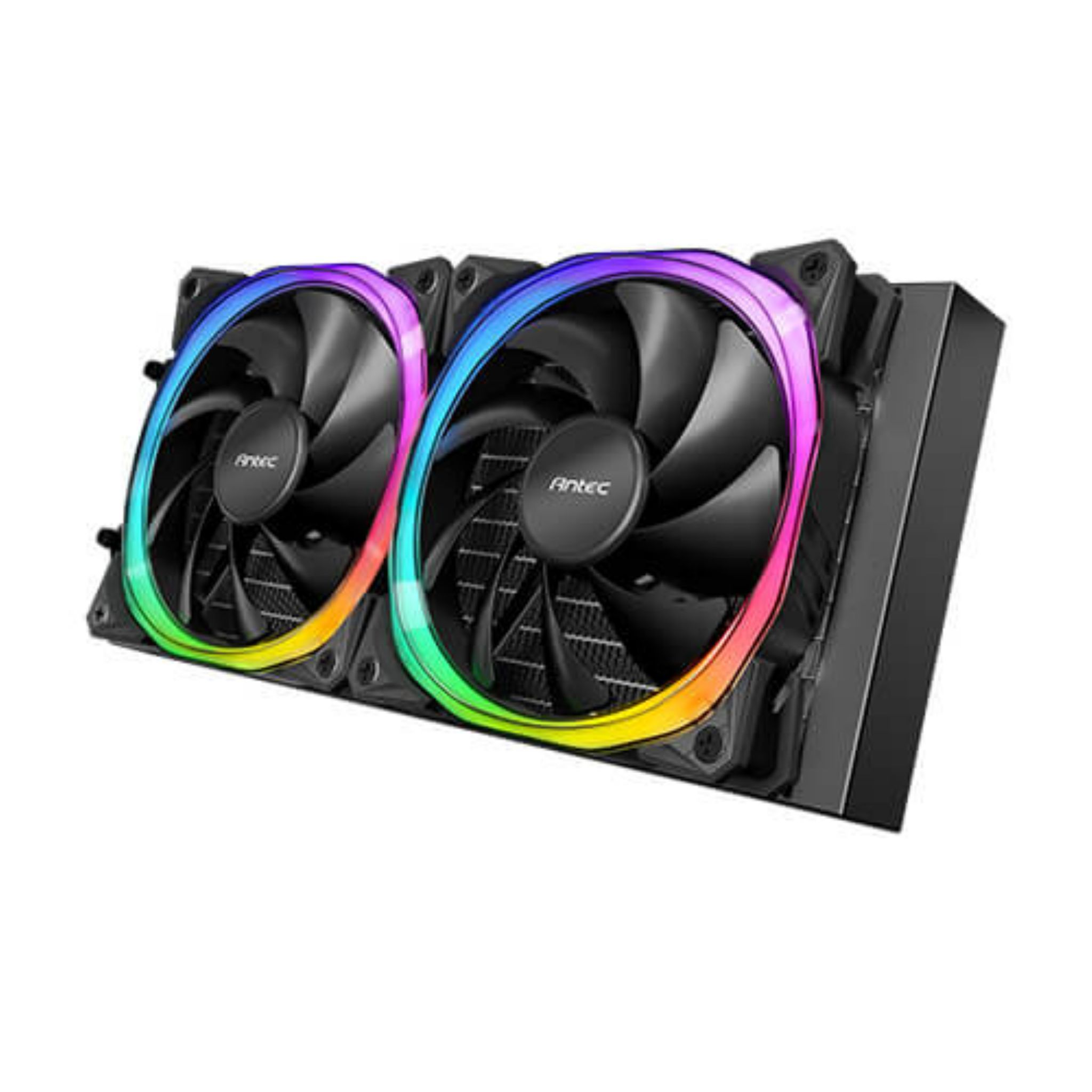 Deux ventilateurs avec des anneaux LED colorés sont sur un radiateur noir.