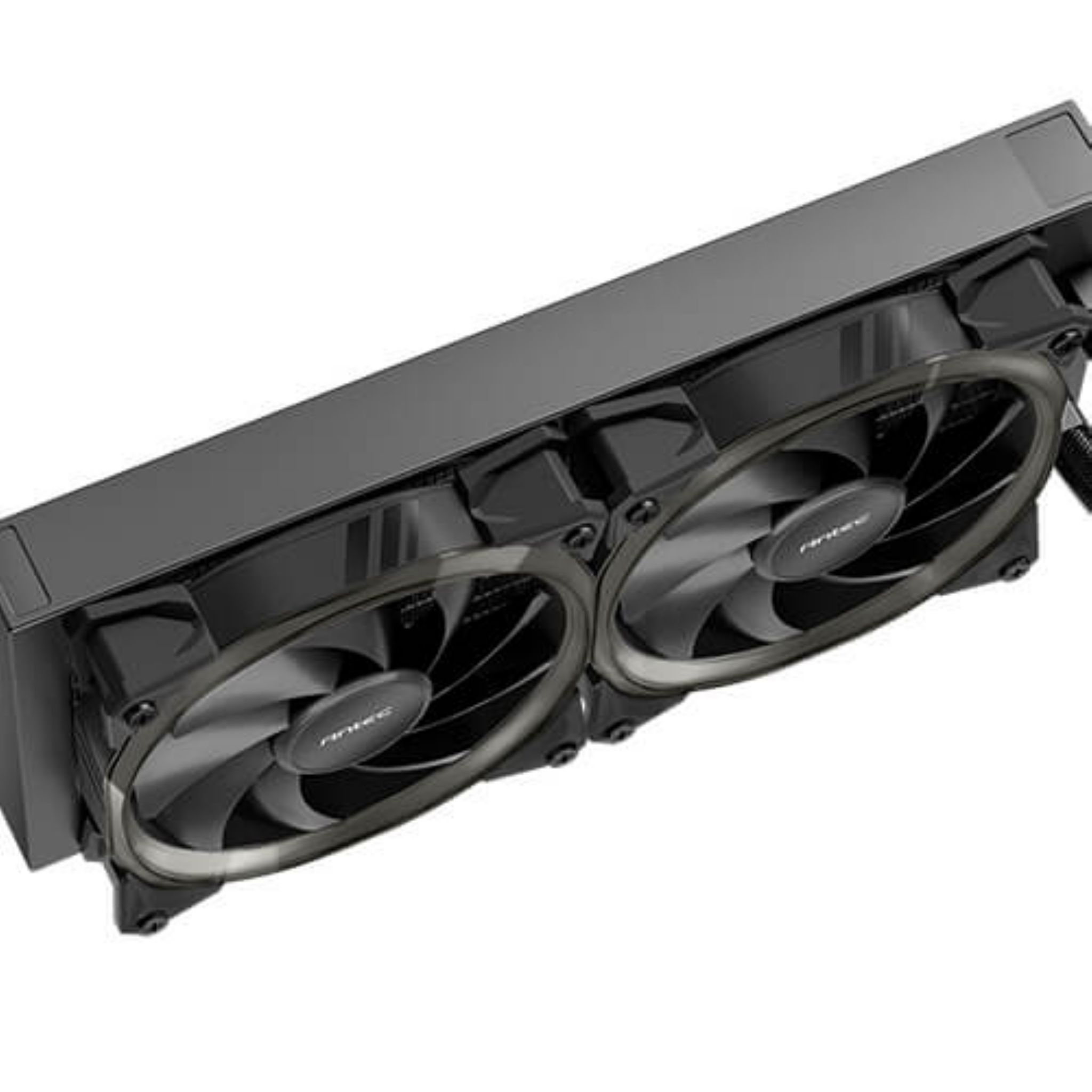 Système de refroidissement liquide pour PC noir avec deux ventilateurs. Les ventilateurs ont des pales noires.