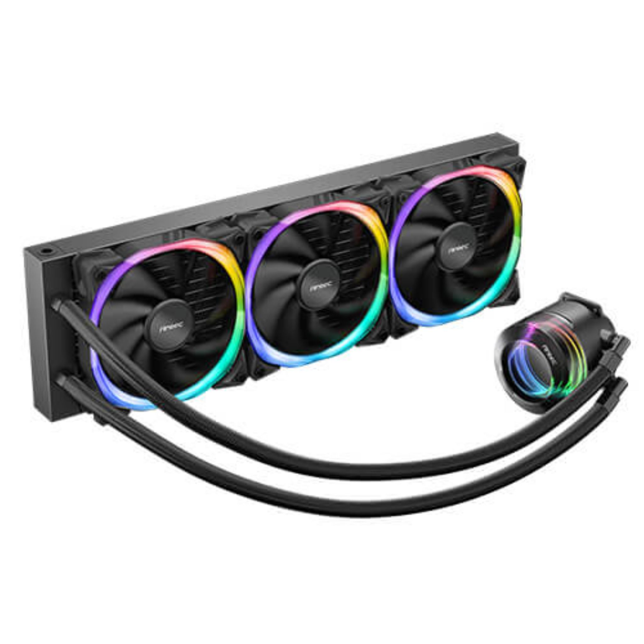 Sistema de refrigeración líquida para PC negro con tres ventiladores. Los ventiladores tienen aspas negras y un anillo de color alrededor.