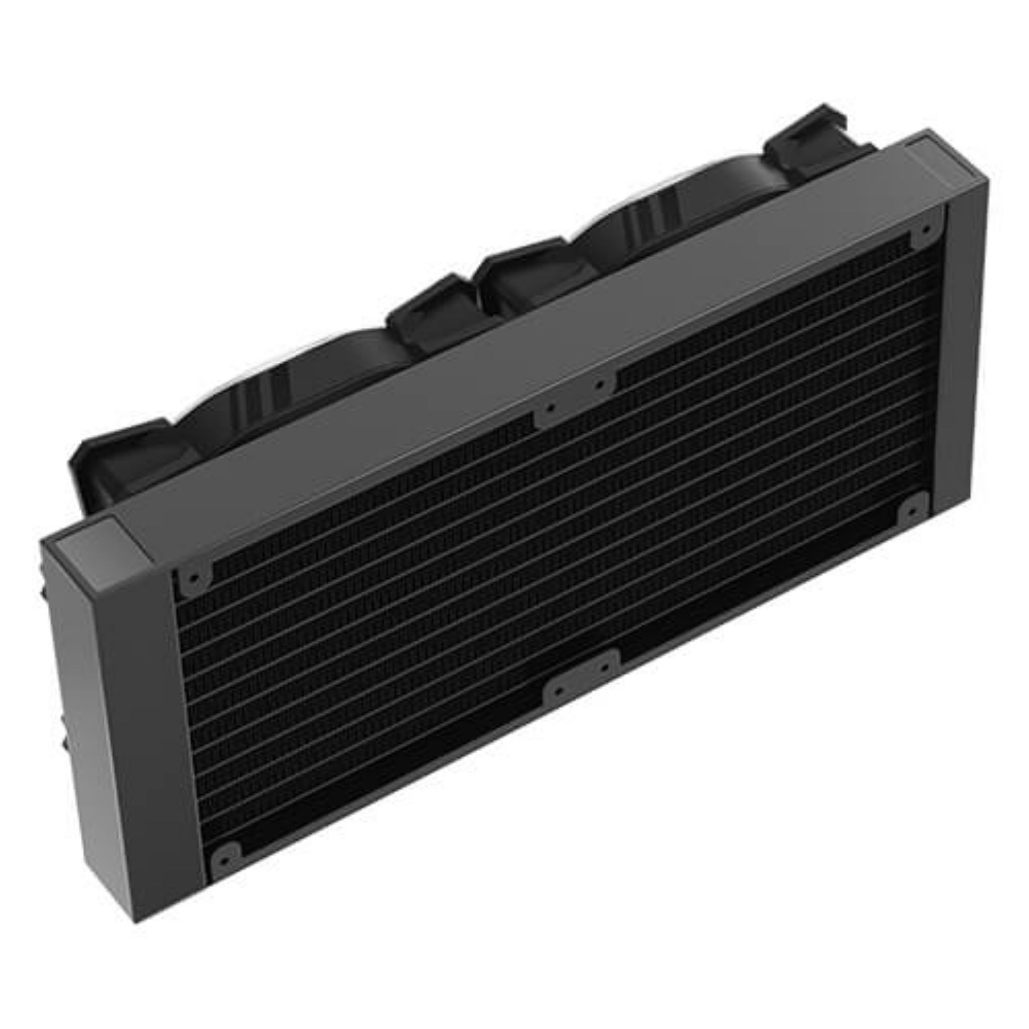 Un radiateur noir avec trois ventilateurs est affiché sur un fond blanc.