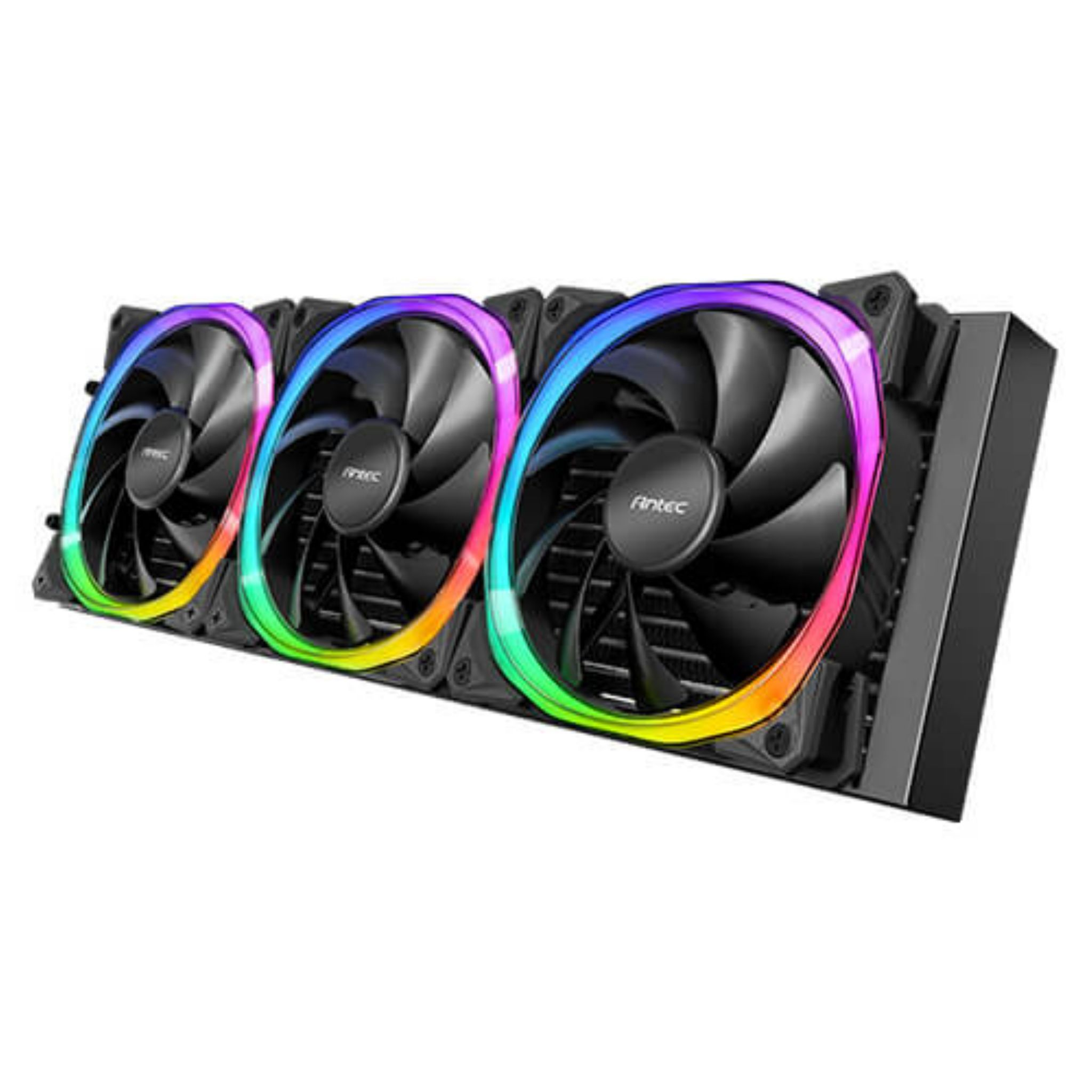 Sistema de refrigeración líquida para PC negro con tres ventiladores. Los ventiladores tienen aspas negras y un anillo de color.