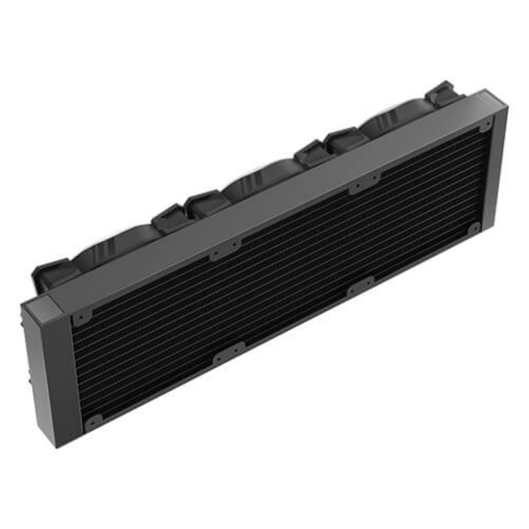 Sistema de refrigeración líquida para PC negro. Es un radiador hecho de metal negro y tiene muchas aletas.