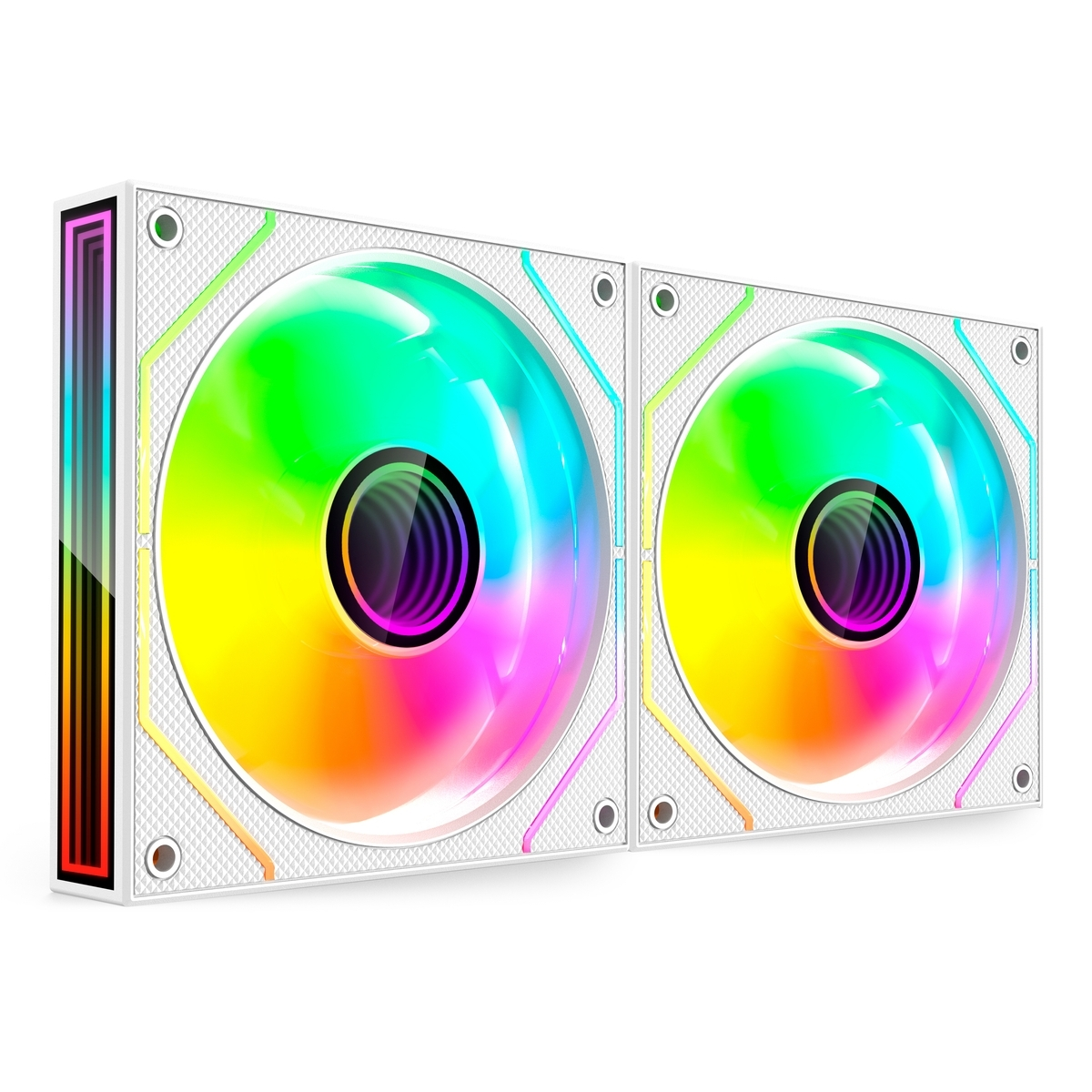 Due ventole per computer con luci vivaci color arcobaleno all'interno di una cornice trasparente.