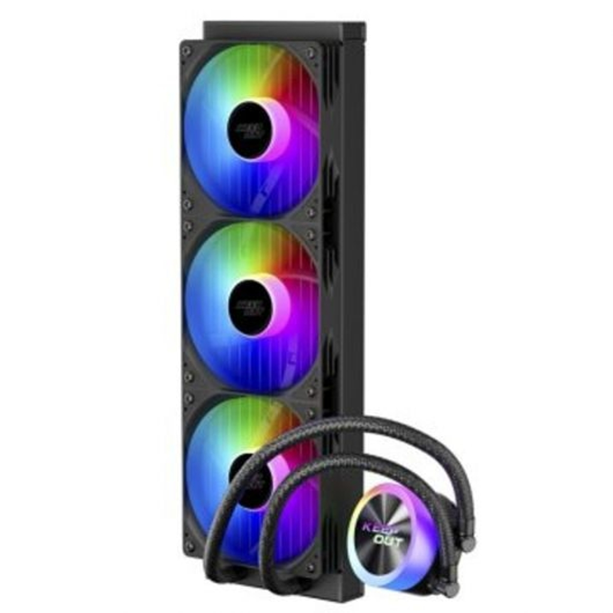 Un sistema di raffreddamento a liquido per PC all-in-one con tre ventole RGB, nero e argento.