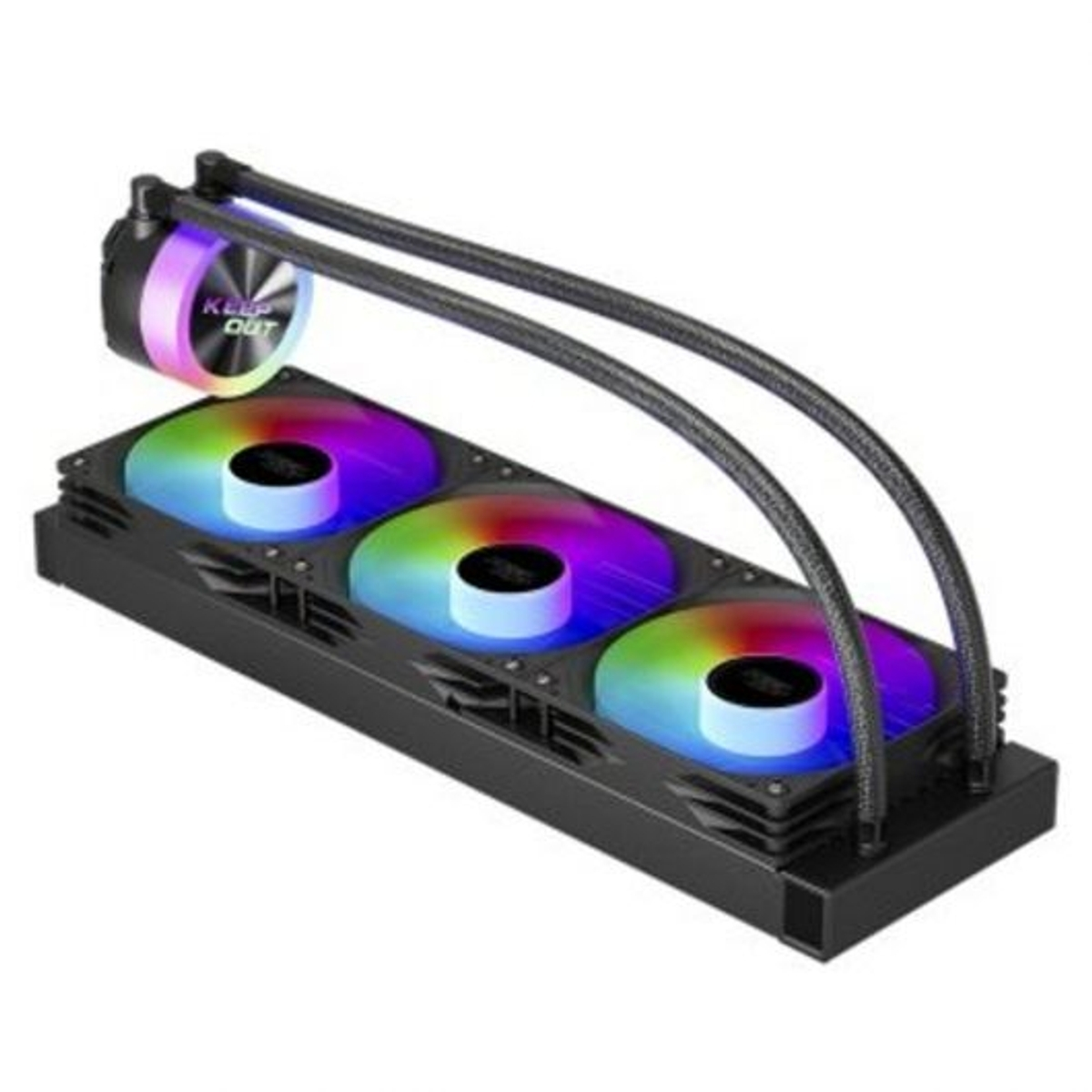 Un sistema di raffreddamento per computer con tre ventole e tubi con la scritta "KEEP OUT".