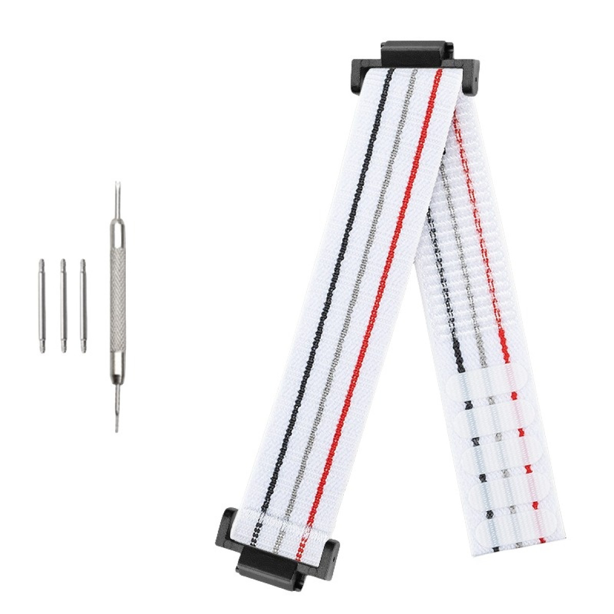 Cinturino e strumenti per orologi. Il cinturino è bianco con strisce rosse e nere. Gli strumenti sono tre perni e uno strumento.