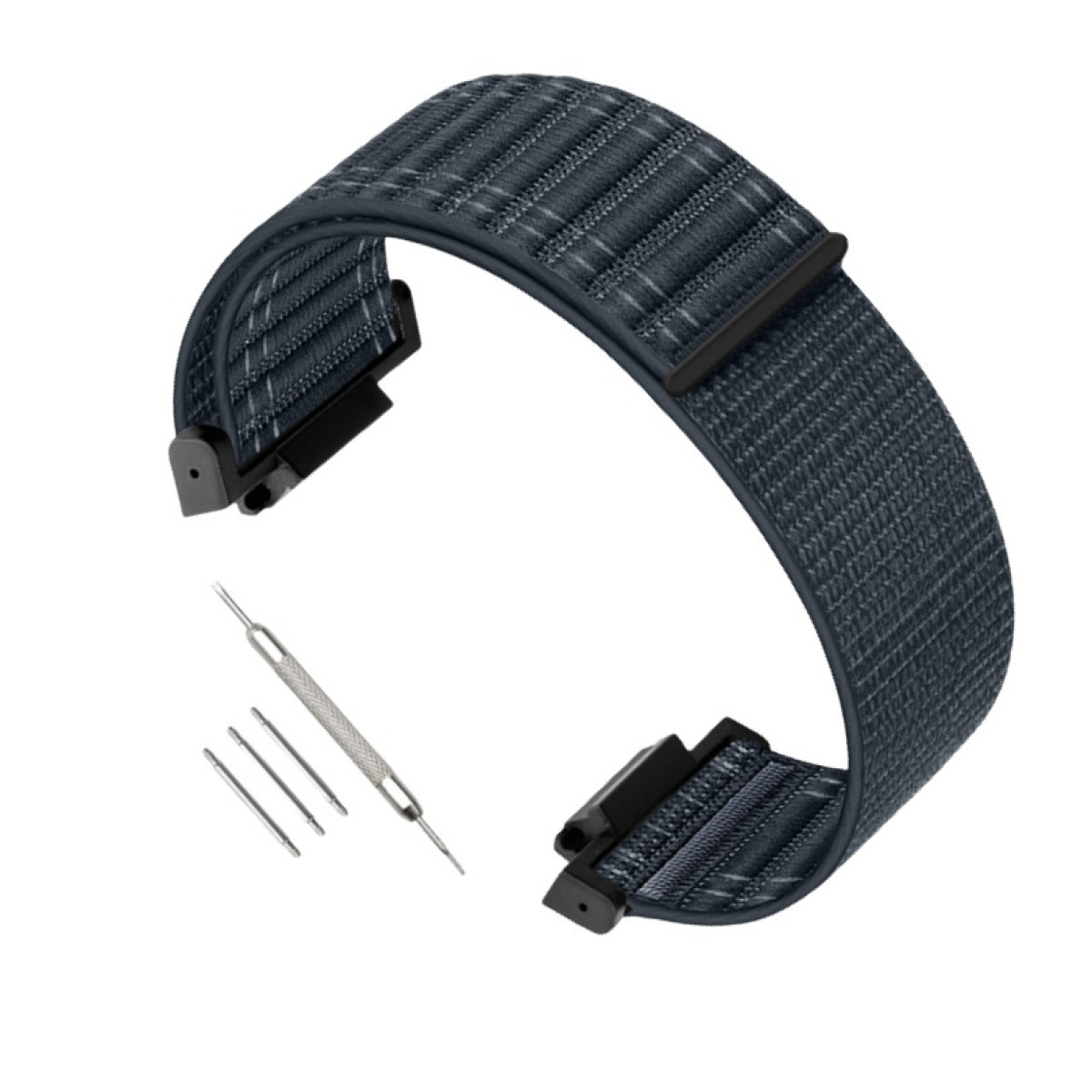Cinturino blu scuro con strumenti. Il cinturino ha un motivo strutturato e attacchi neri.
