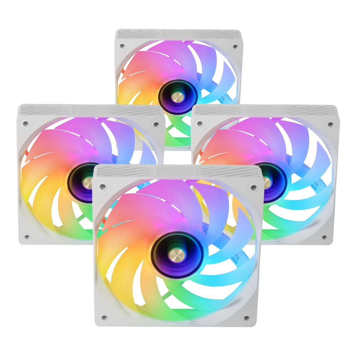 Cuatro ventiladores de computadora blancos dispuestos en un cuadrado con luces de arcoíris. Sus marcos son blancos.