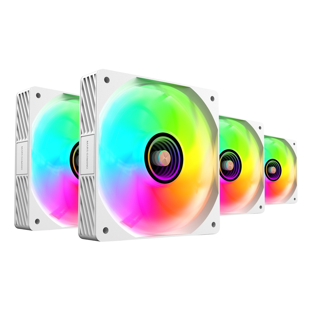 Cuatro ventiladores de computadora blancos con luces de arcoíris. Están dispuestos en una fila.